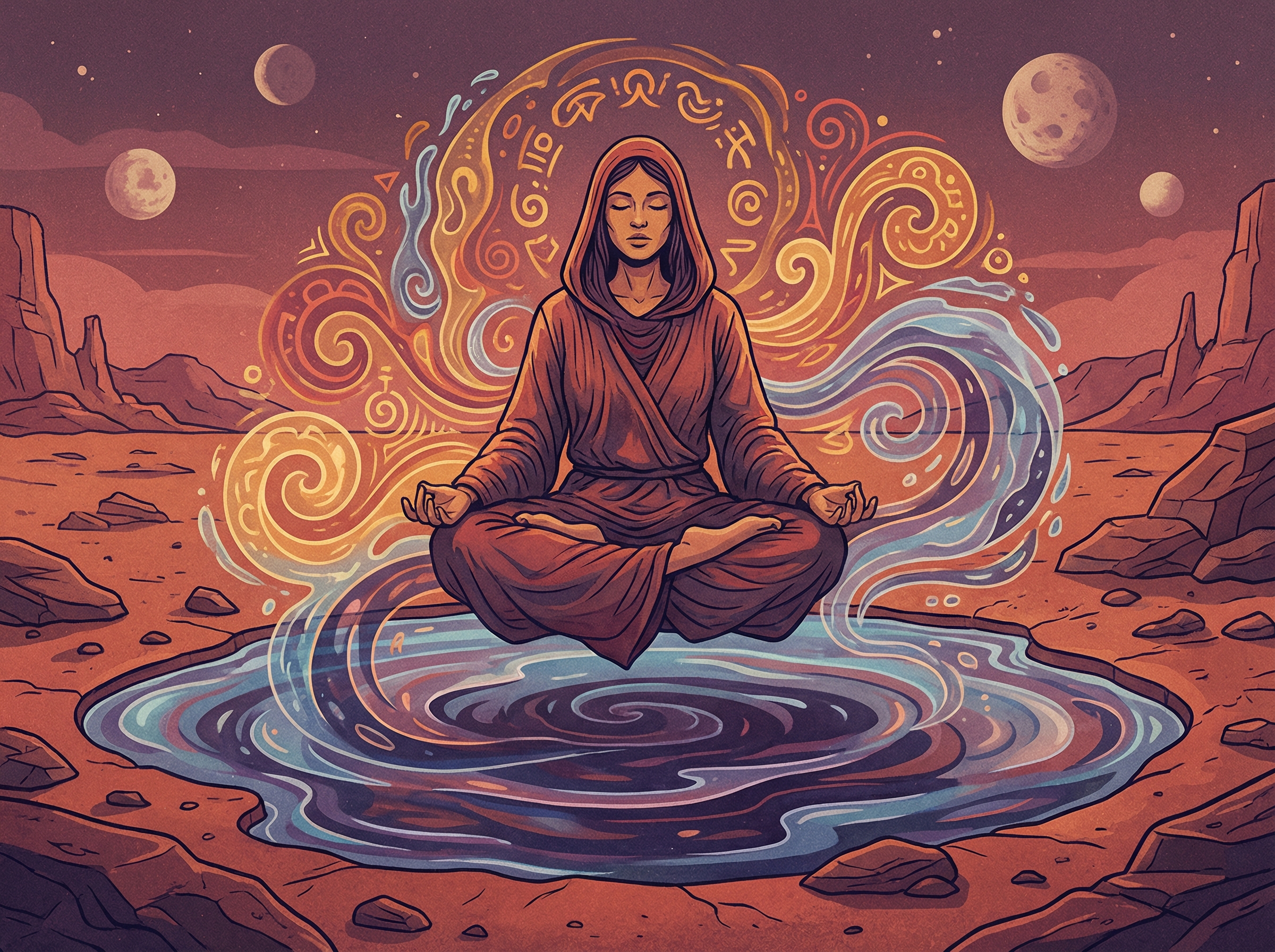 A mystical figure floating in meditation surrounded by psychedelic energy patterns and Martian landscape