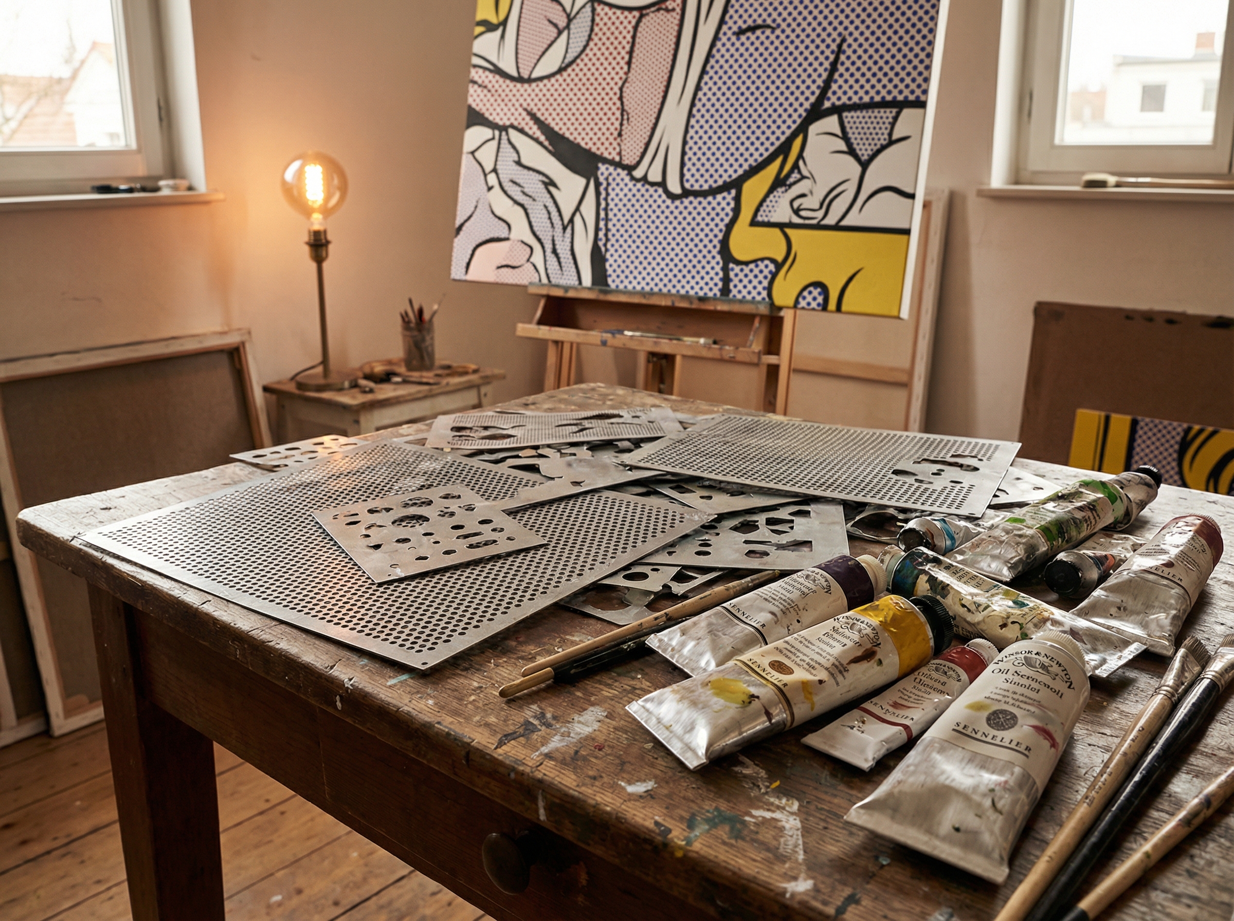 Artist studio with perforated stencil sheets and paint tubes scattered on a wooden table, Ben-Day dot patterns on canvas in background