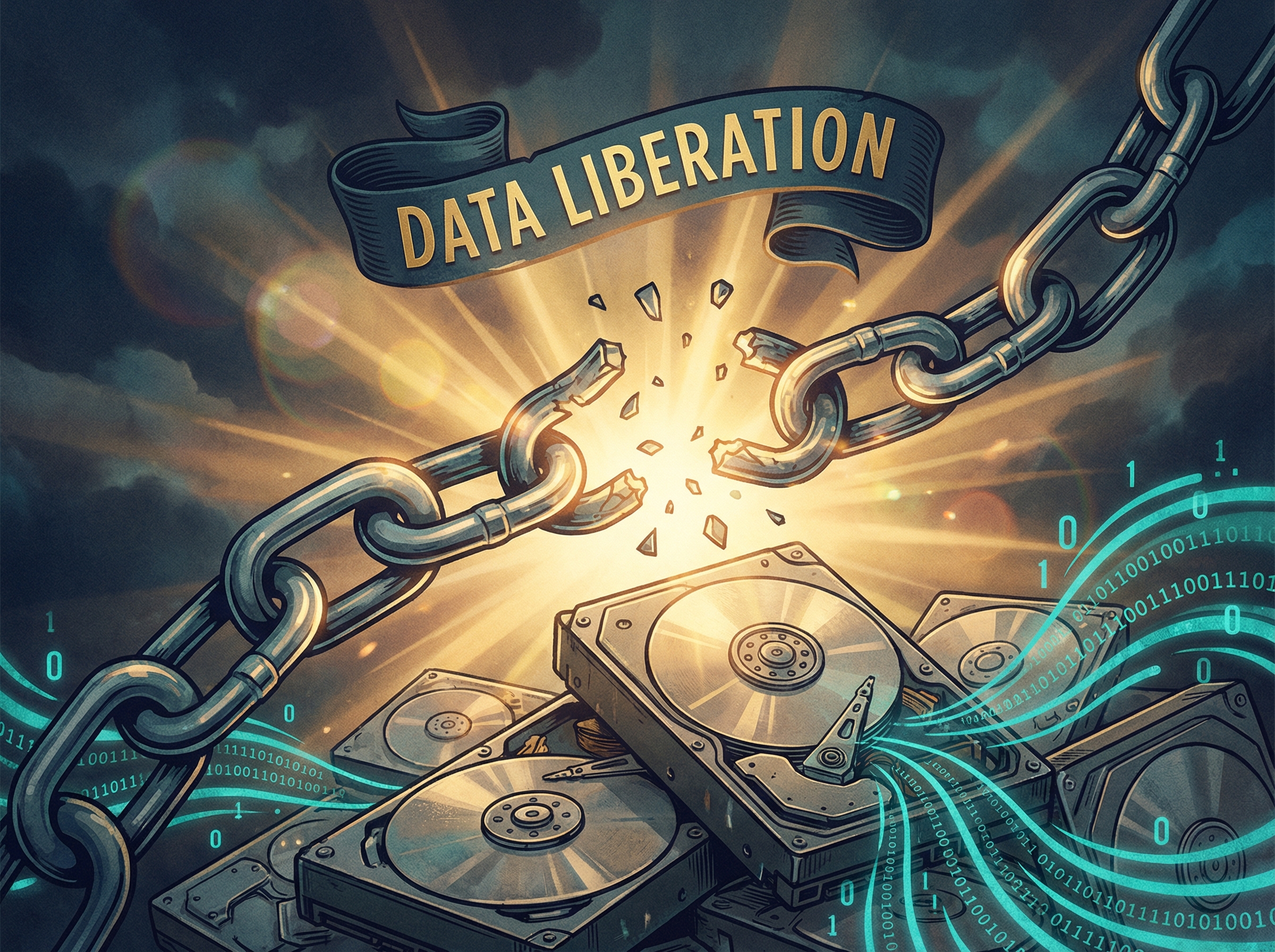 Symbolic image of chains breaking around hard drives