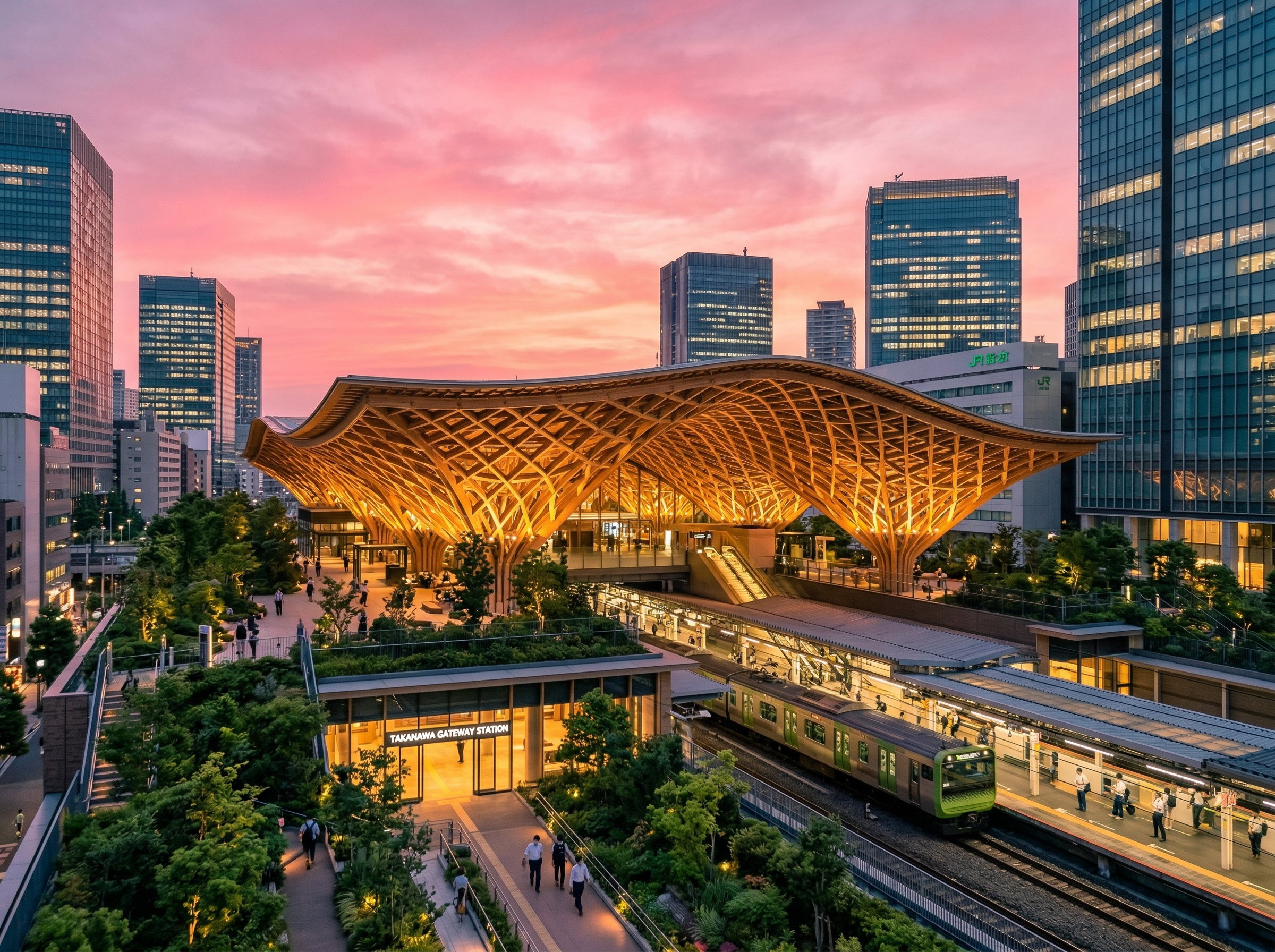 Futuristic Takanawa Gateway Station with geometric wooden lattice roof at twilight