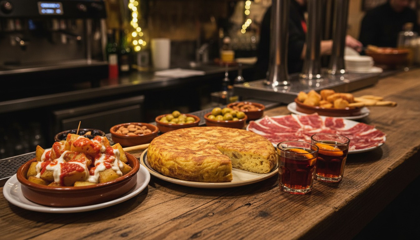 Spanish tapas spread on a rustic bar counter with tortilla, patatas bravas, and glasses of vermouth