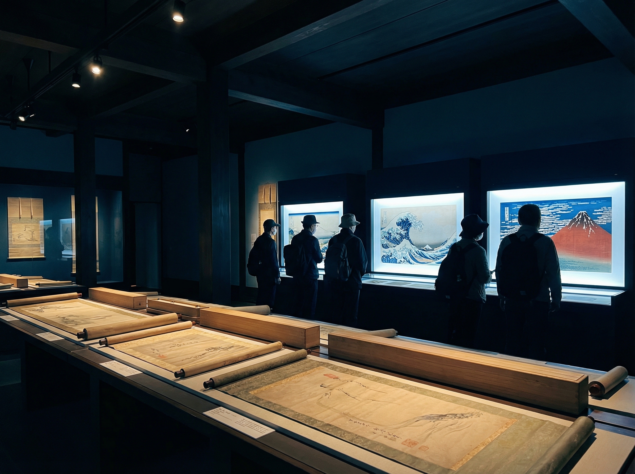 Museum gallery with dramatic lighting revealing hidden Hokusai scroll paintings