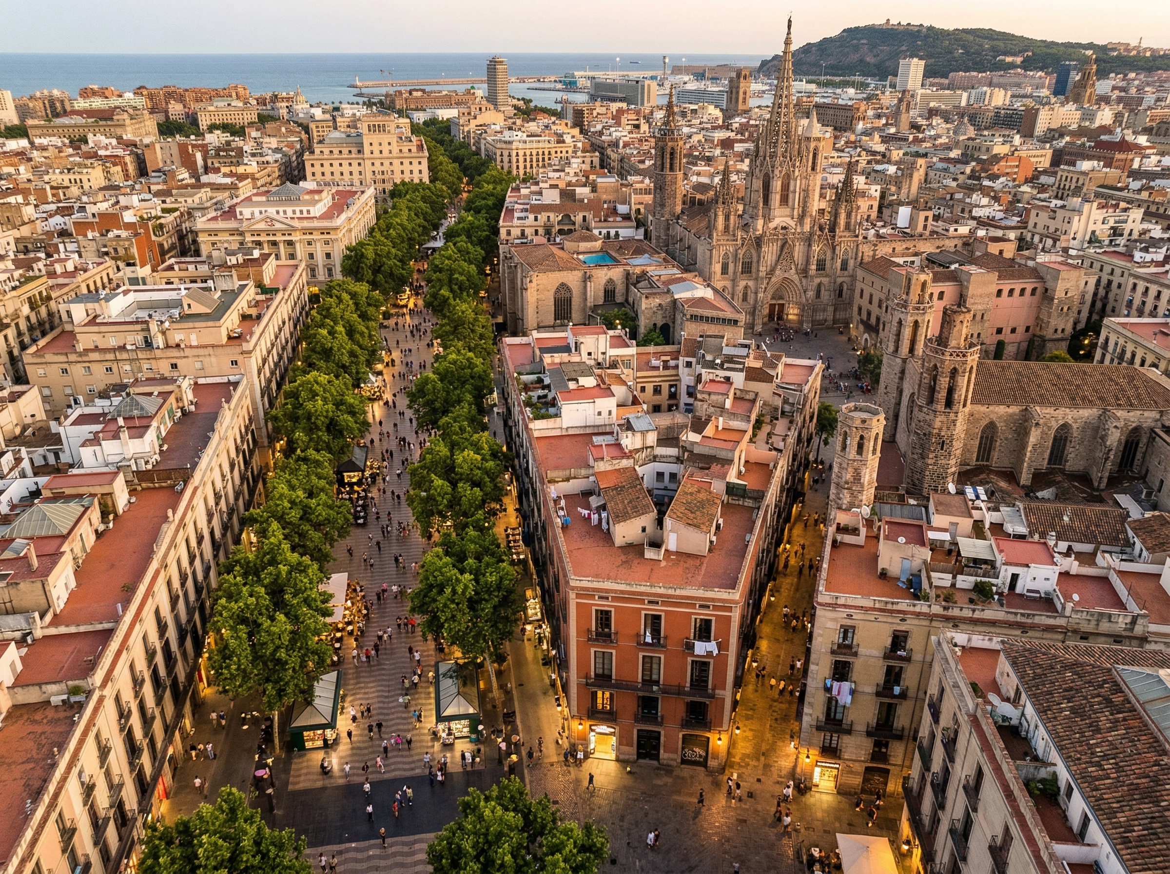 Aerial view of Barcelona's Gothic Quarter streets with warm evening light and iron balconies