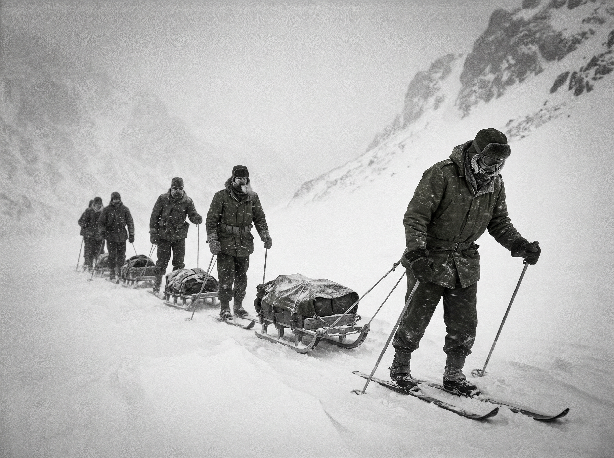 Soldiers training in extreme winter conditions at Camp Hale, white-out blizzard at high altitude