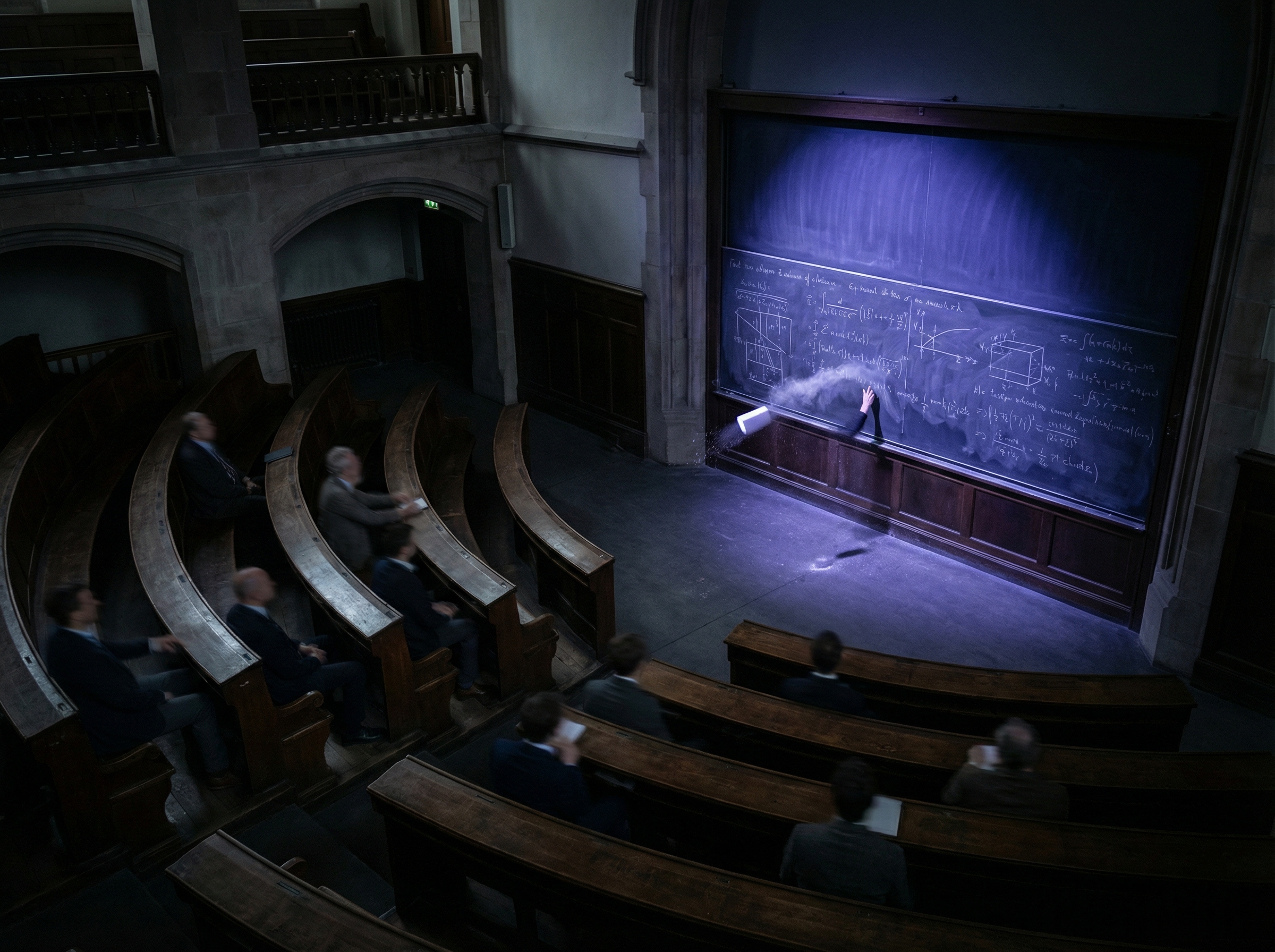 A dramatic lecture hall scene with rows of wooden seats curving around a central chalkboard covered in mathematical notation