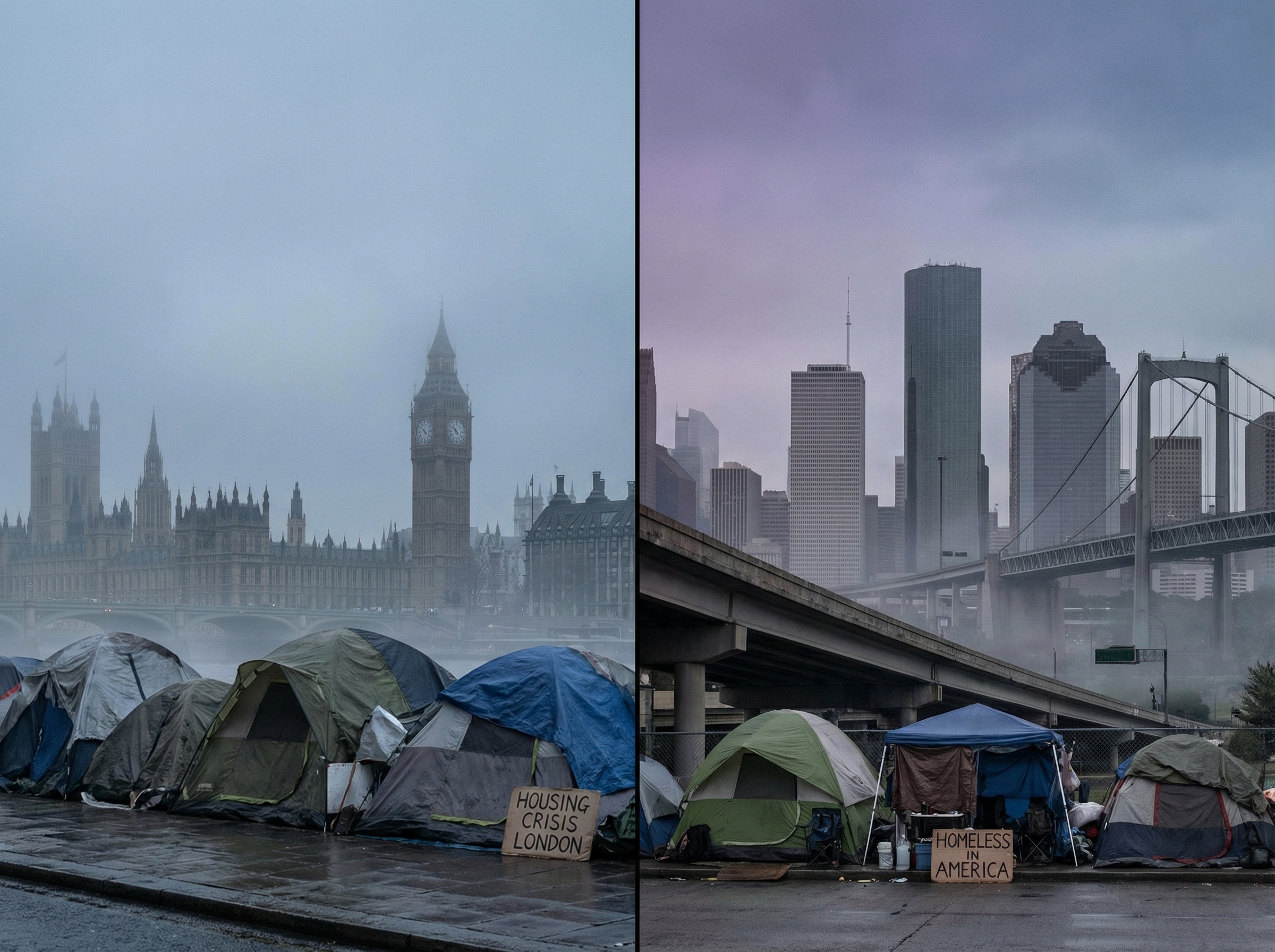 Split view of London and American city skylines with tents beneath