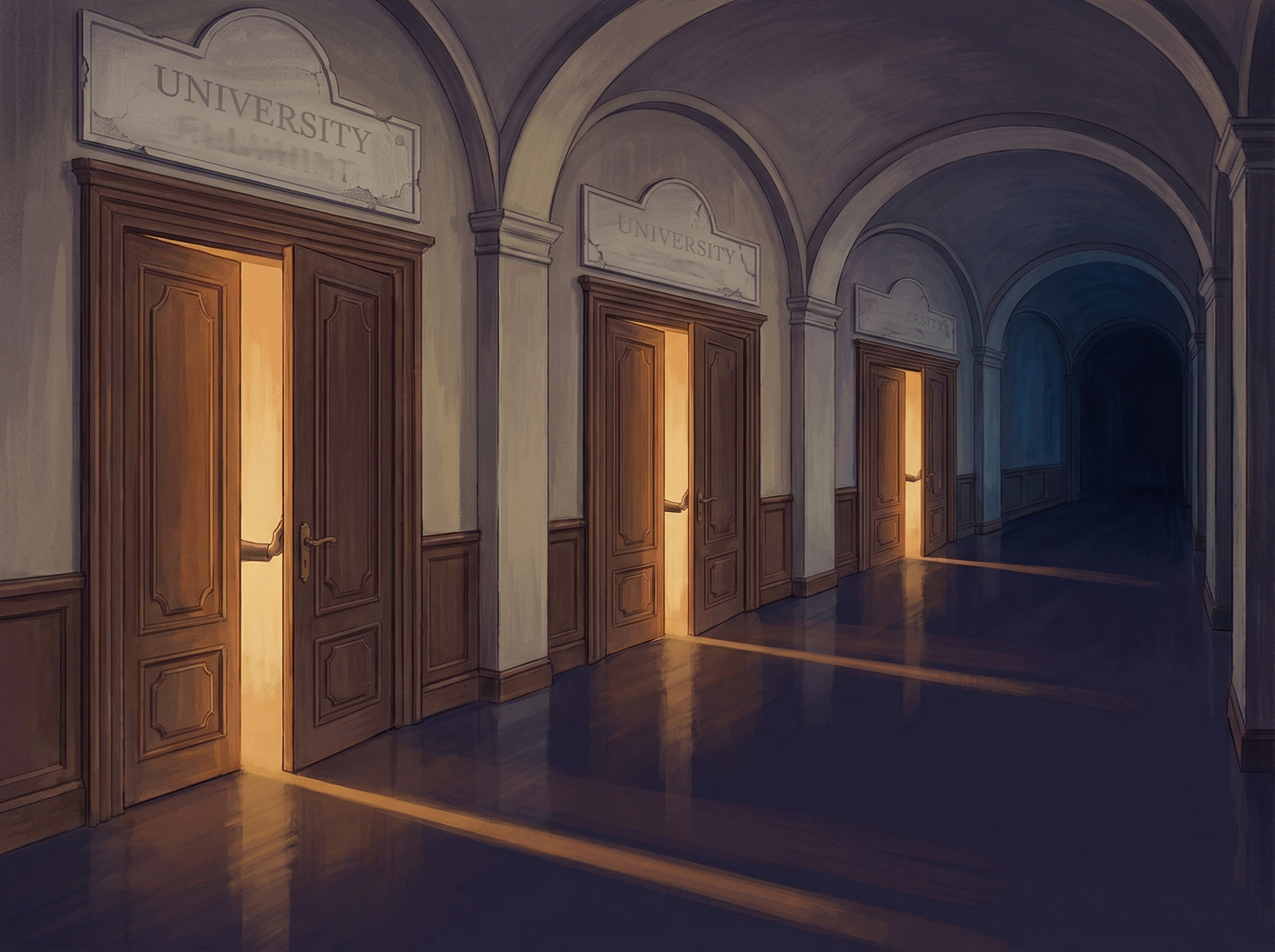 Editorial illustration of three doors in a university hallway being closed, light spilling from behind them as the corridor darkens