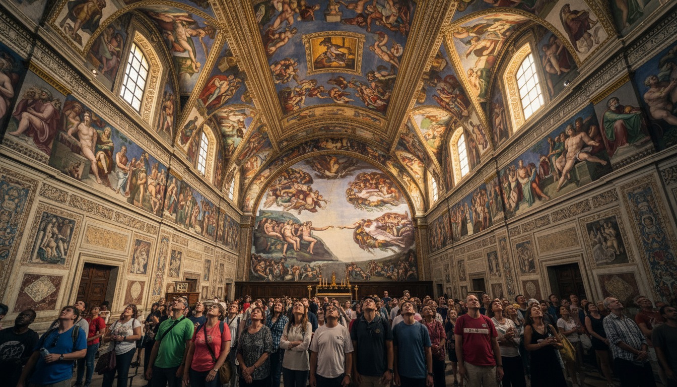 The Sistine Chapel ceiling with Michelangelo's frescoes in rich detail