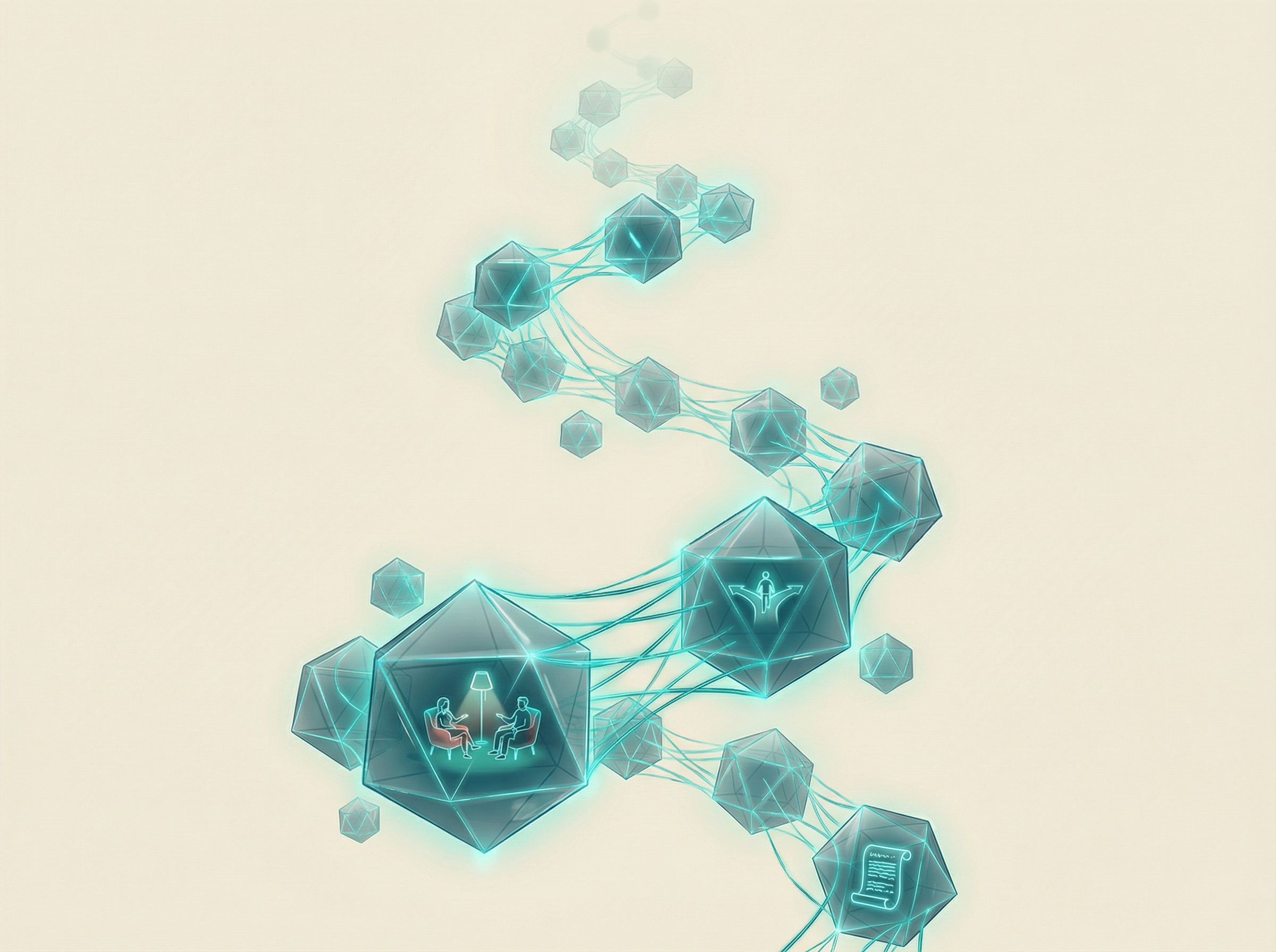 A luminous memory palace made of floating crystalline nodes connected by teal light threads