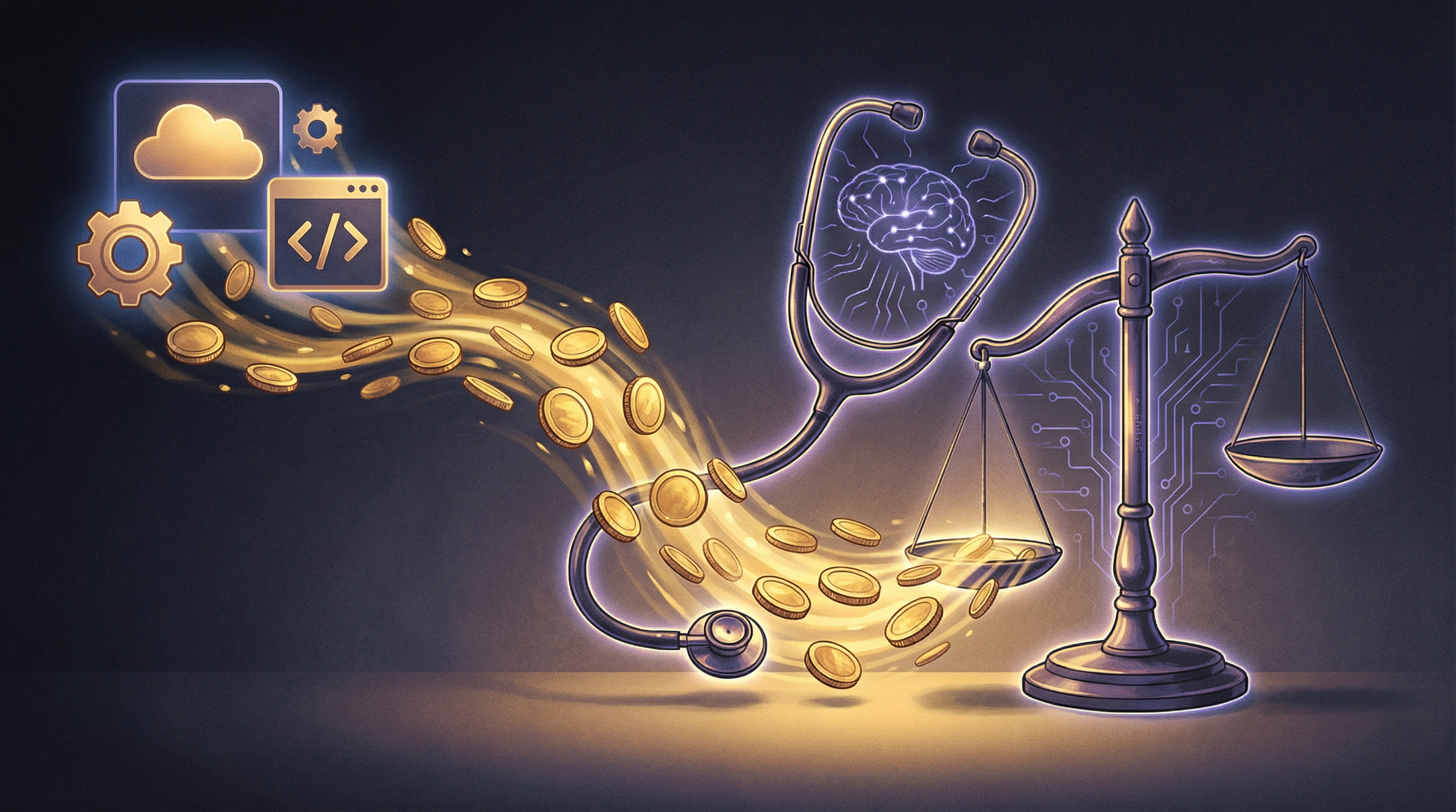 Gold coins flowing from generic software into a medical stethoscope and legal scales, each glowing with AI neural patterns