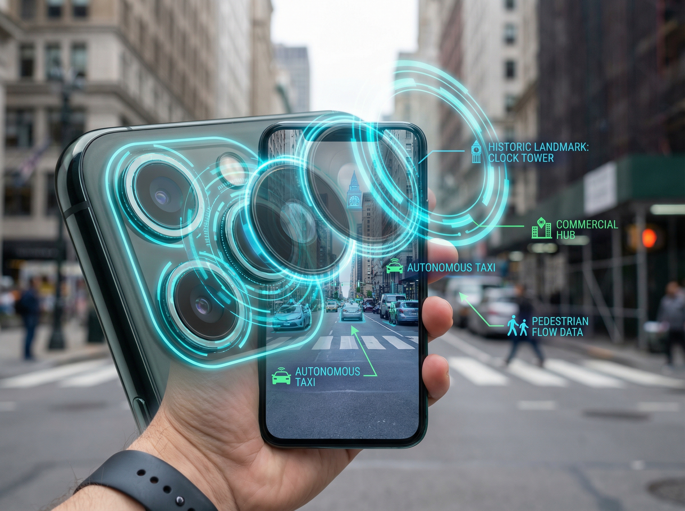 Smartphone camera with AI overlay identifying objects