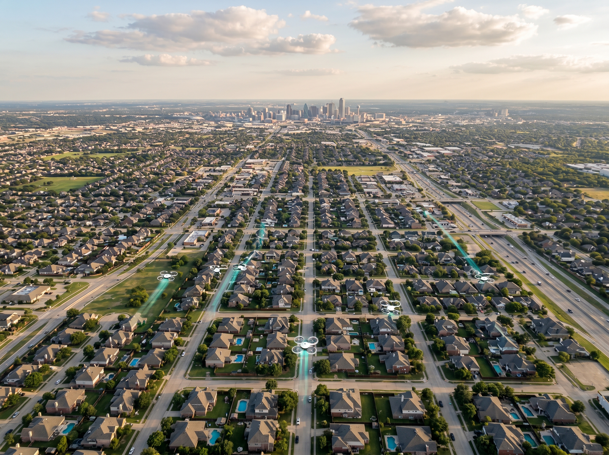 Bird's eye view of Dallas-Fort Worth suburbs with delivery drones dotting the sky