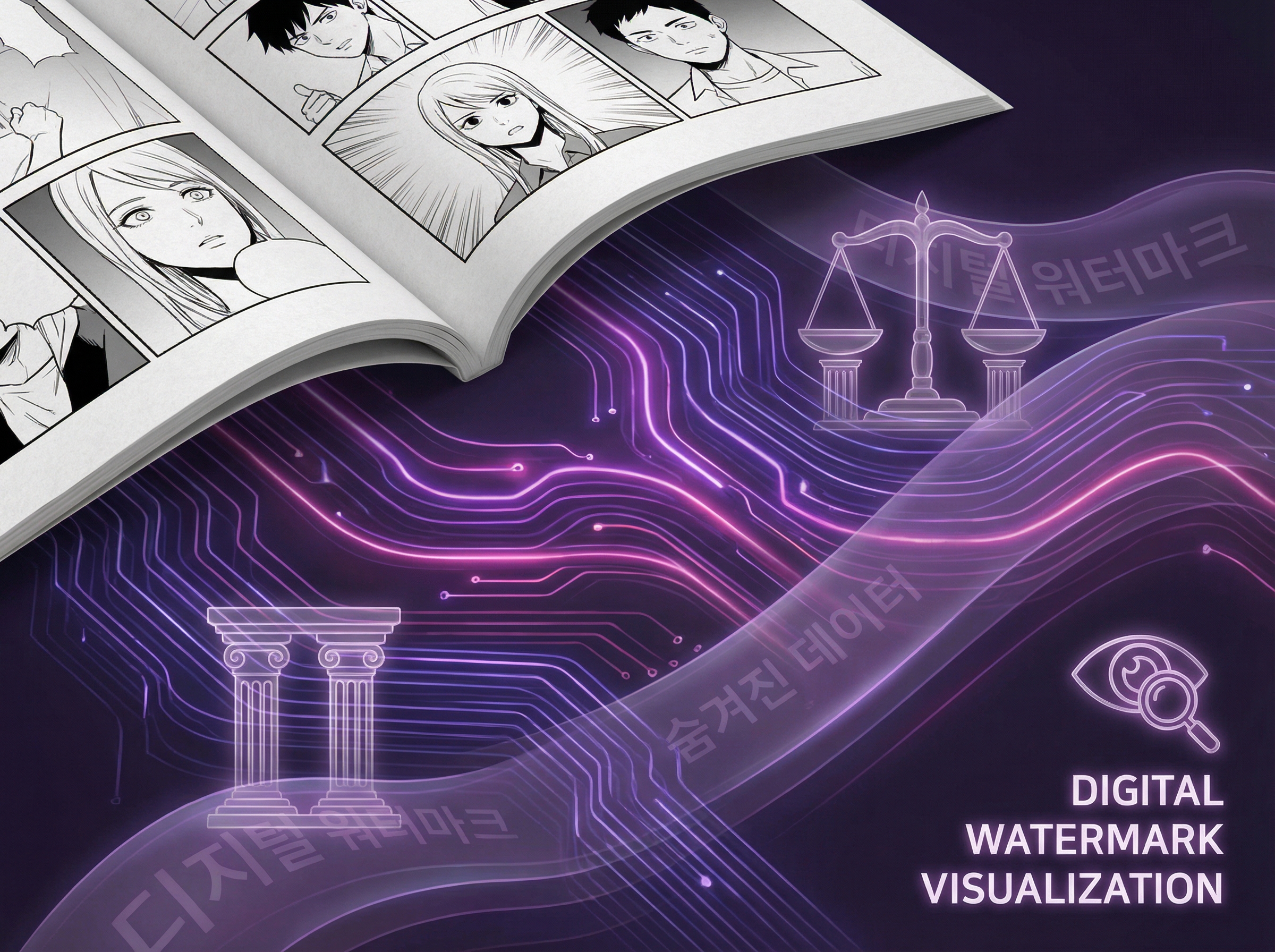 Digital watermark patterns flowing beneath a manga page like bioluminescent currents