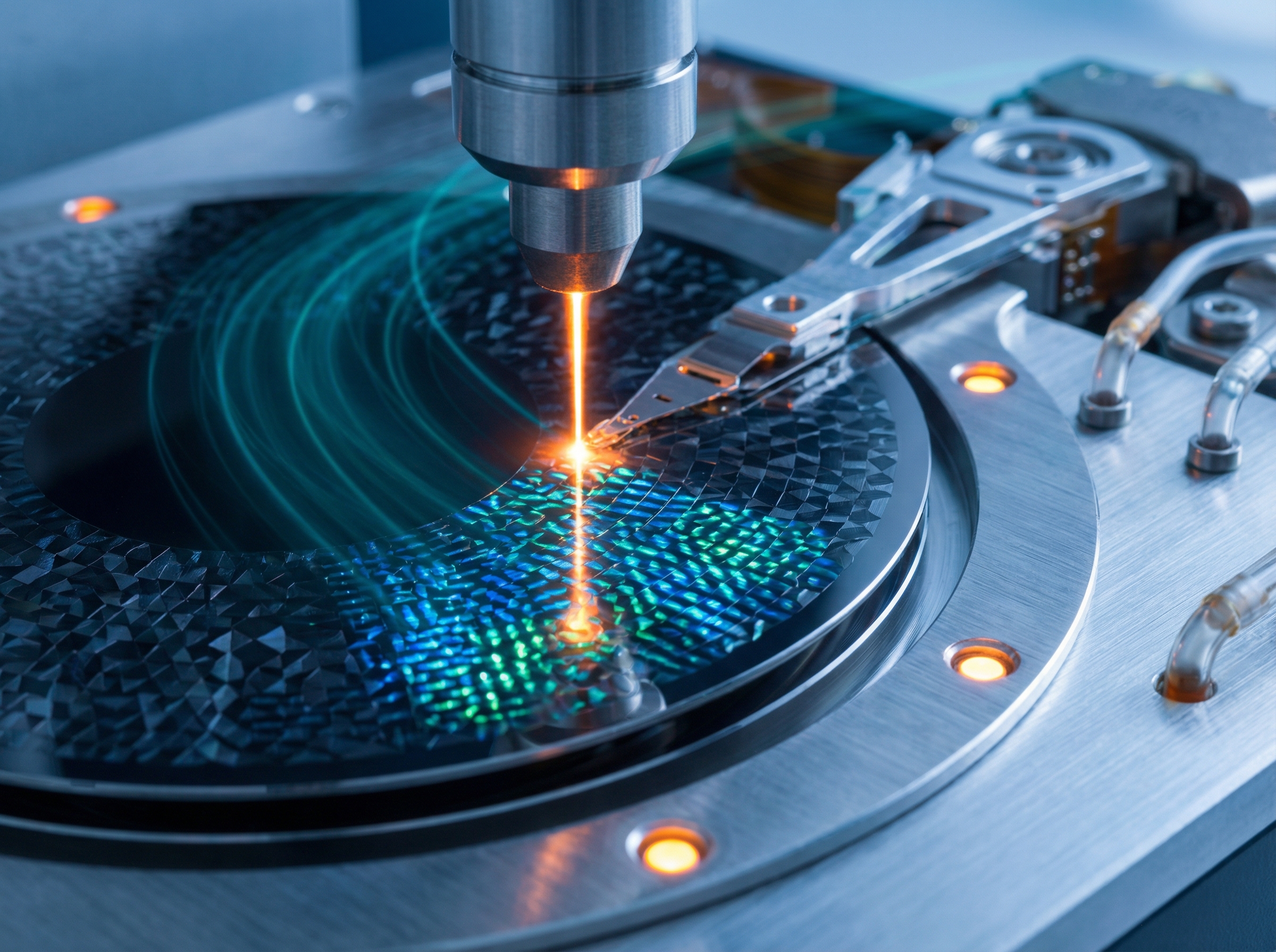 Close-up of a futuristic hard drive platter with heat-assisted magnetic recording technology