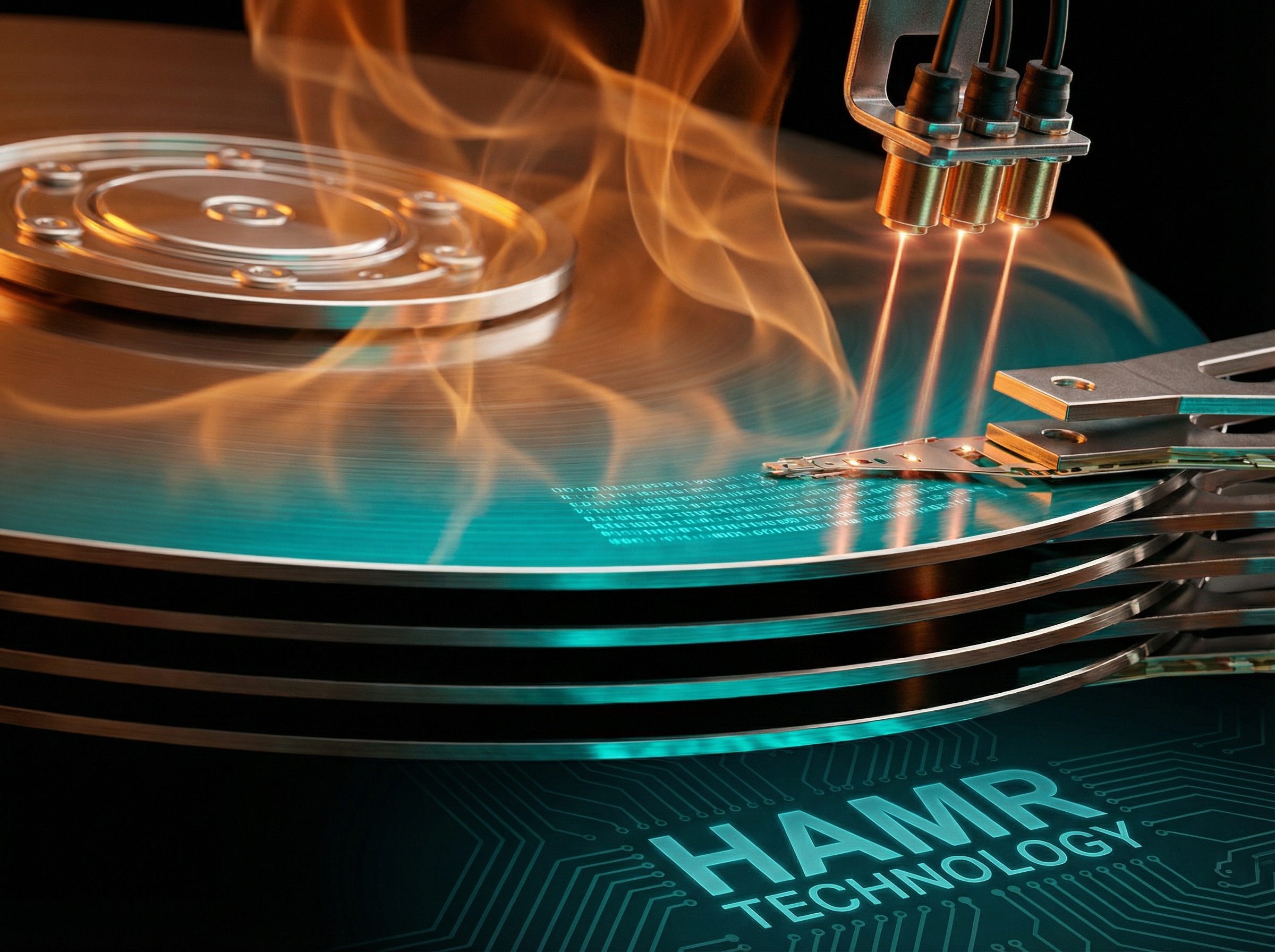 Futuristic hard drive platters with heat-assisted magnetic recording laser beams