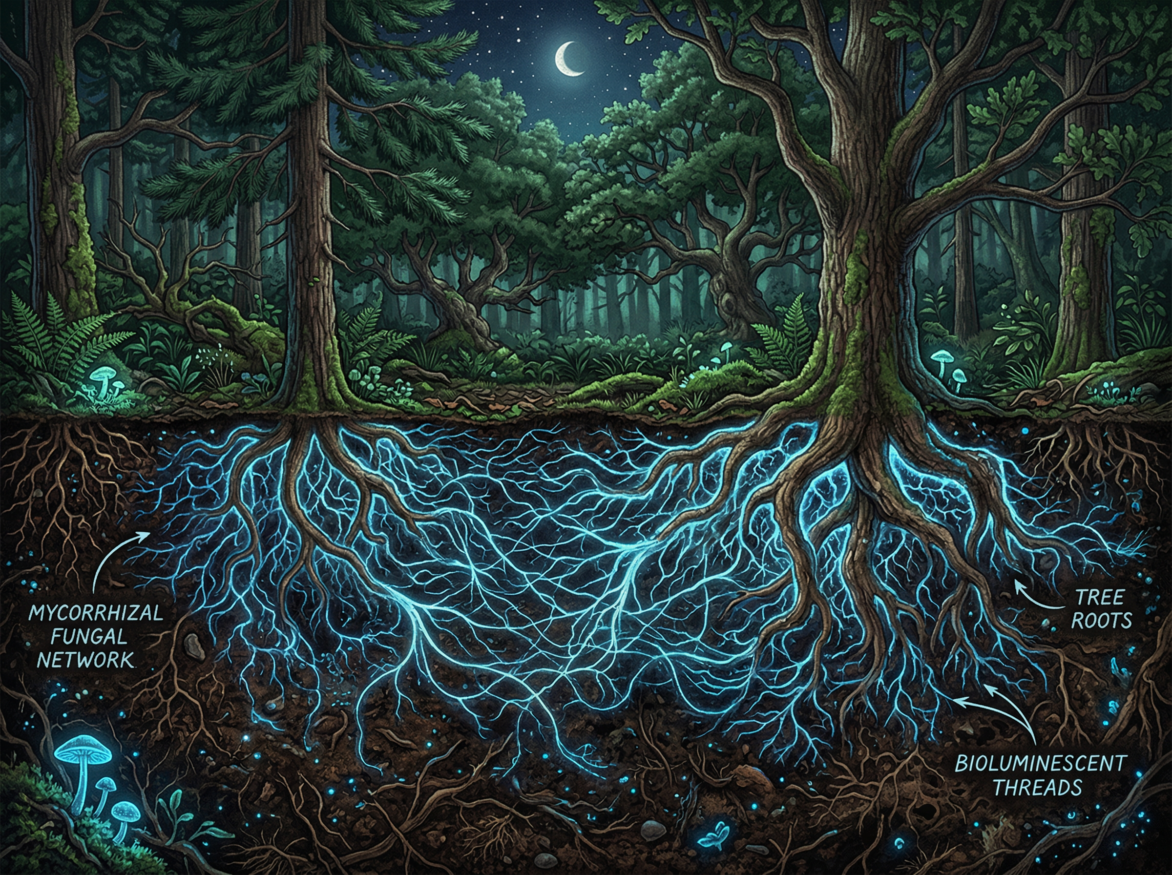 Underground cross-section showing glowing mycorrhizal fungal network connecting tree roots beneath an ancient forest
