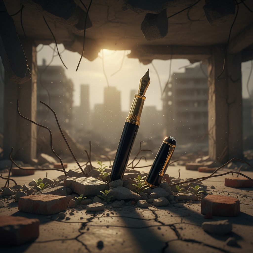 A fountain pen emerging from wartime rubble, symbolizing resilience