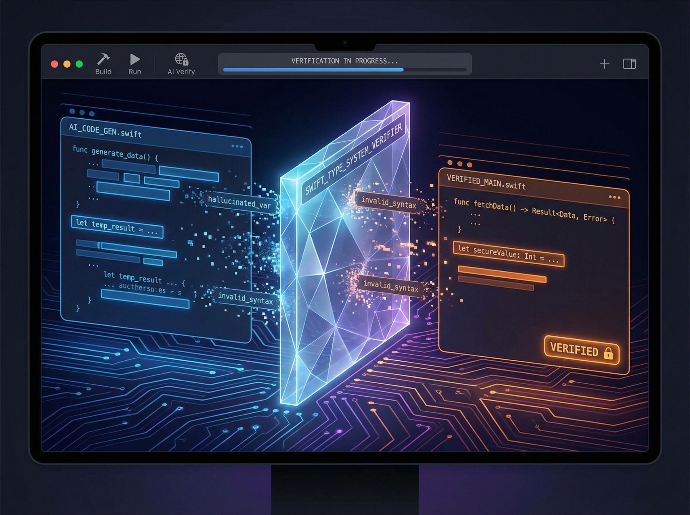 Xcode interface with AI code being filtered through Swift type system