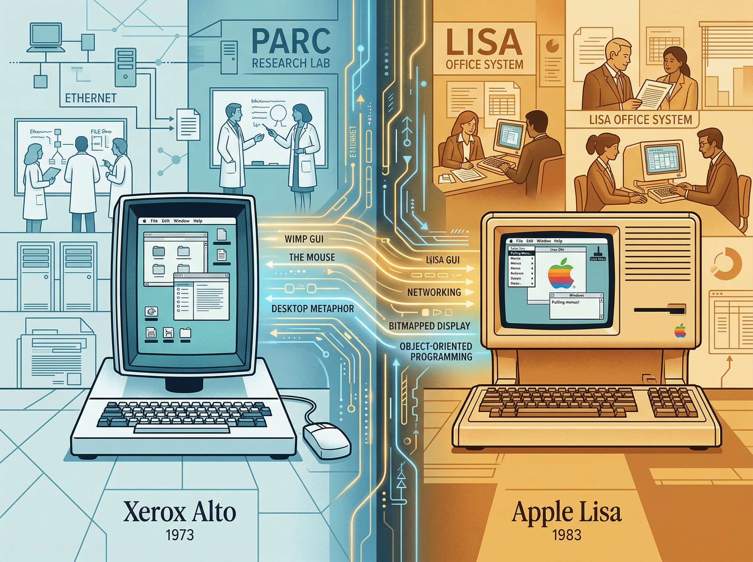 Split composition showing the Xerox Alto and Apple Lisa connected by streams of light representing the transfer of ideas