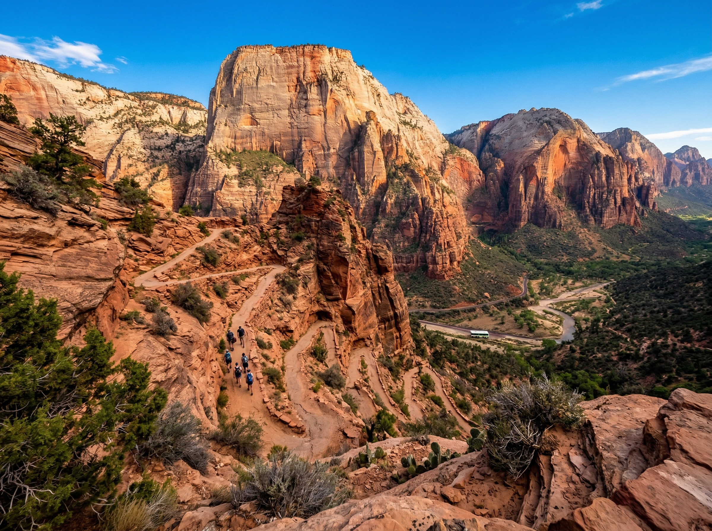 Red sandstone cliffs of Zion with new trail switchbacks and electric shuttle