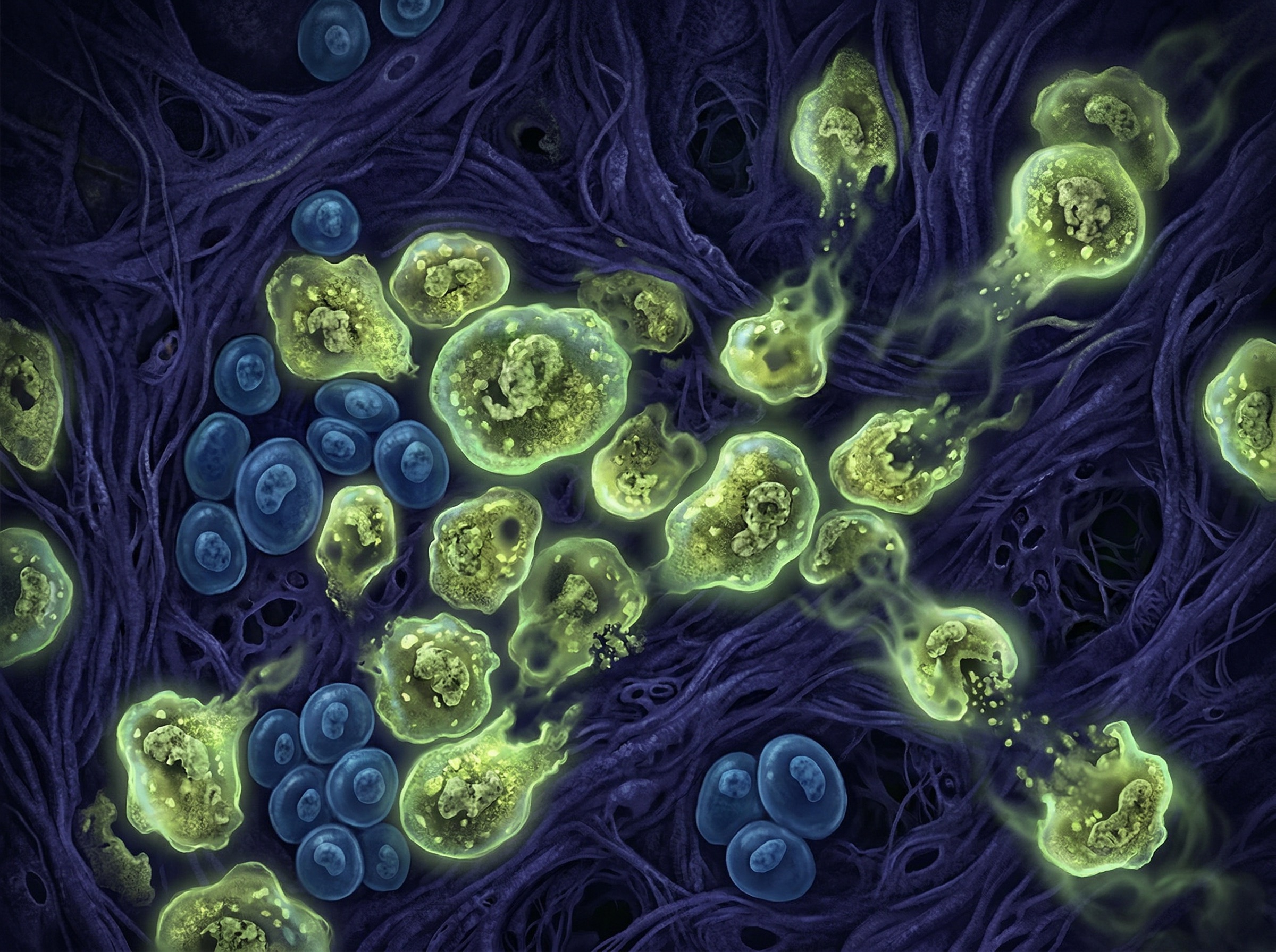 Microscopic view of senescent cartilage cells glowing against dark tissue, healthy cells in blue and dysfunctional zombie cells in amber