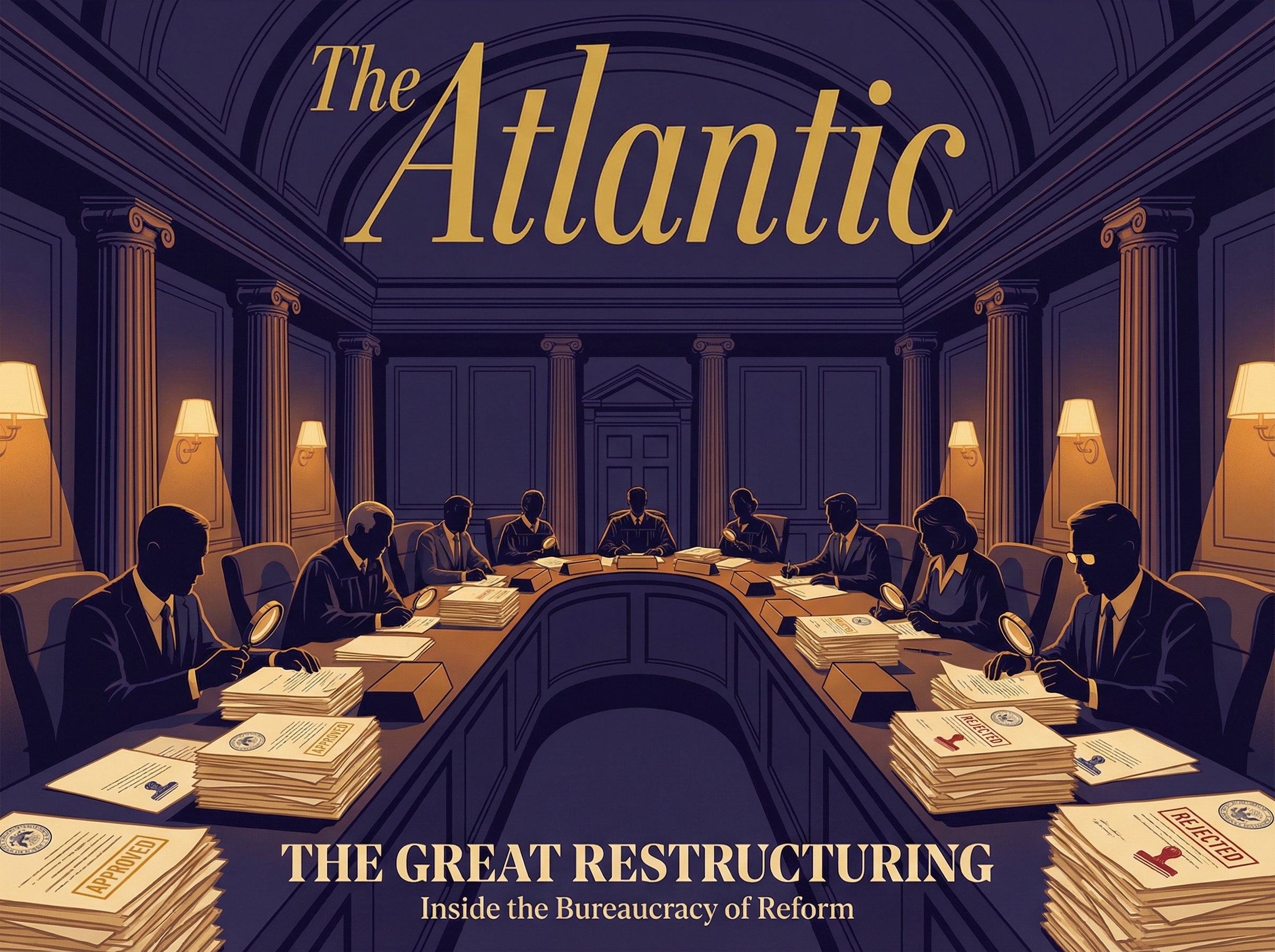 Grand governmental hearing room with figures examining accreditation certificates, some stamped approved, others rejected