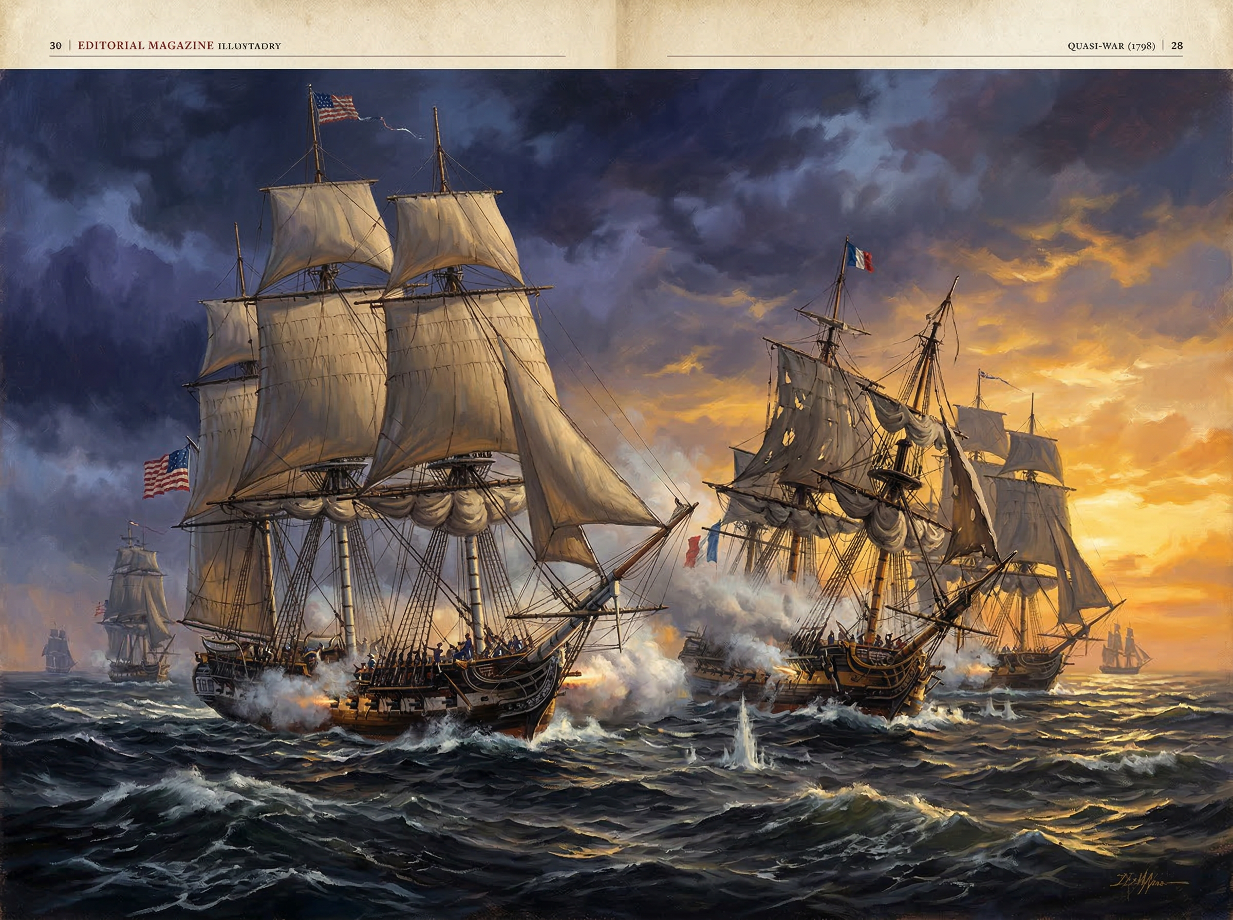 American warships in the Atlantic during the Quasi-War with France, cannons blazing