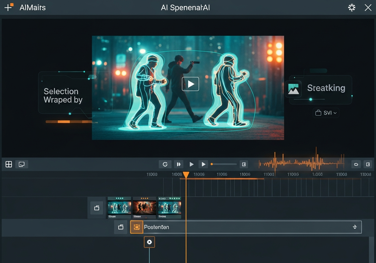Video editing timeline with AI-powered masks wrapping around figures