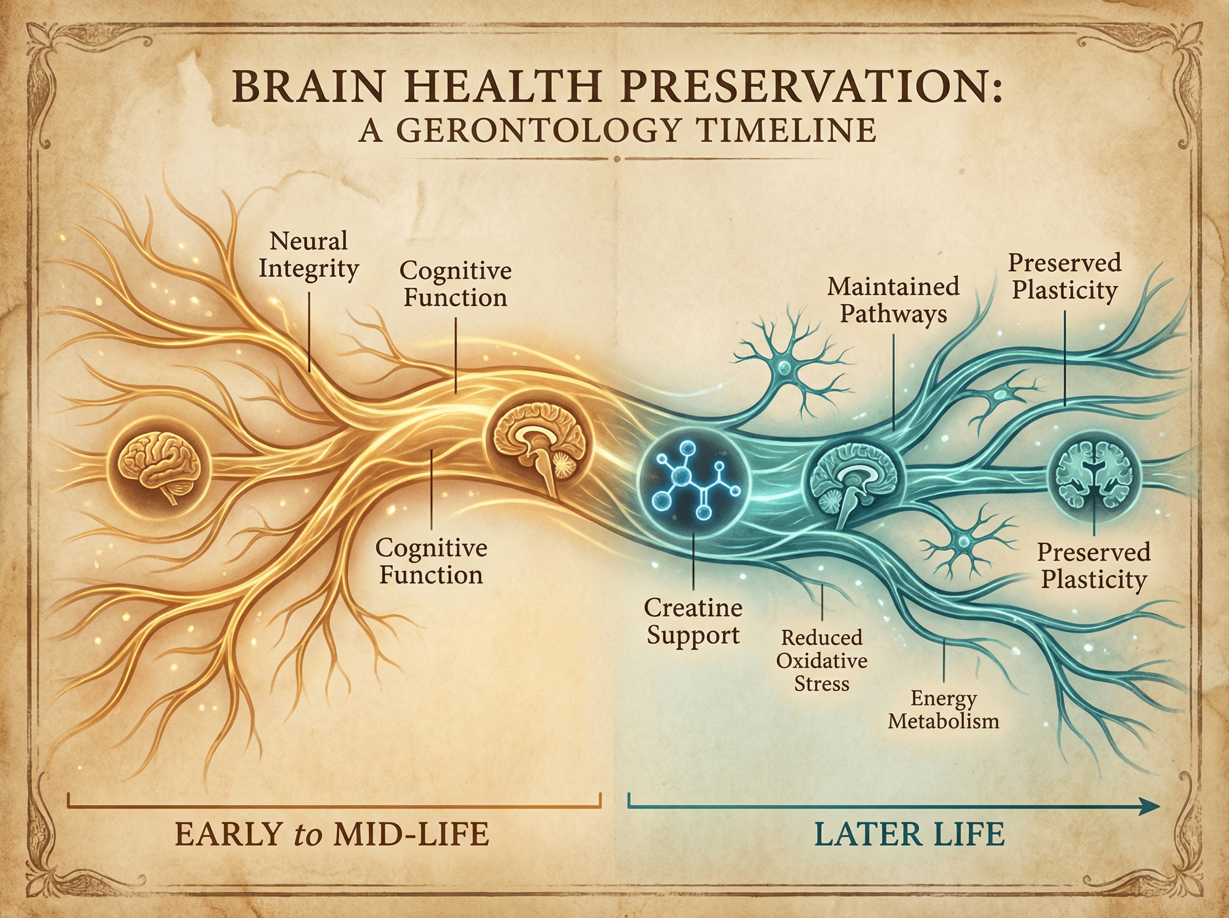 Scientific illustration of aging brain with neural pathways