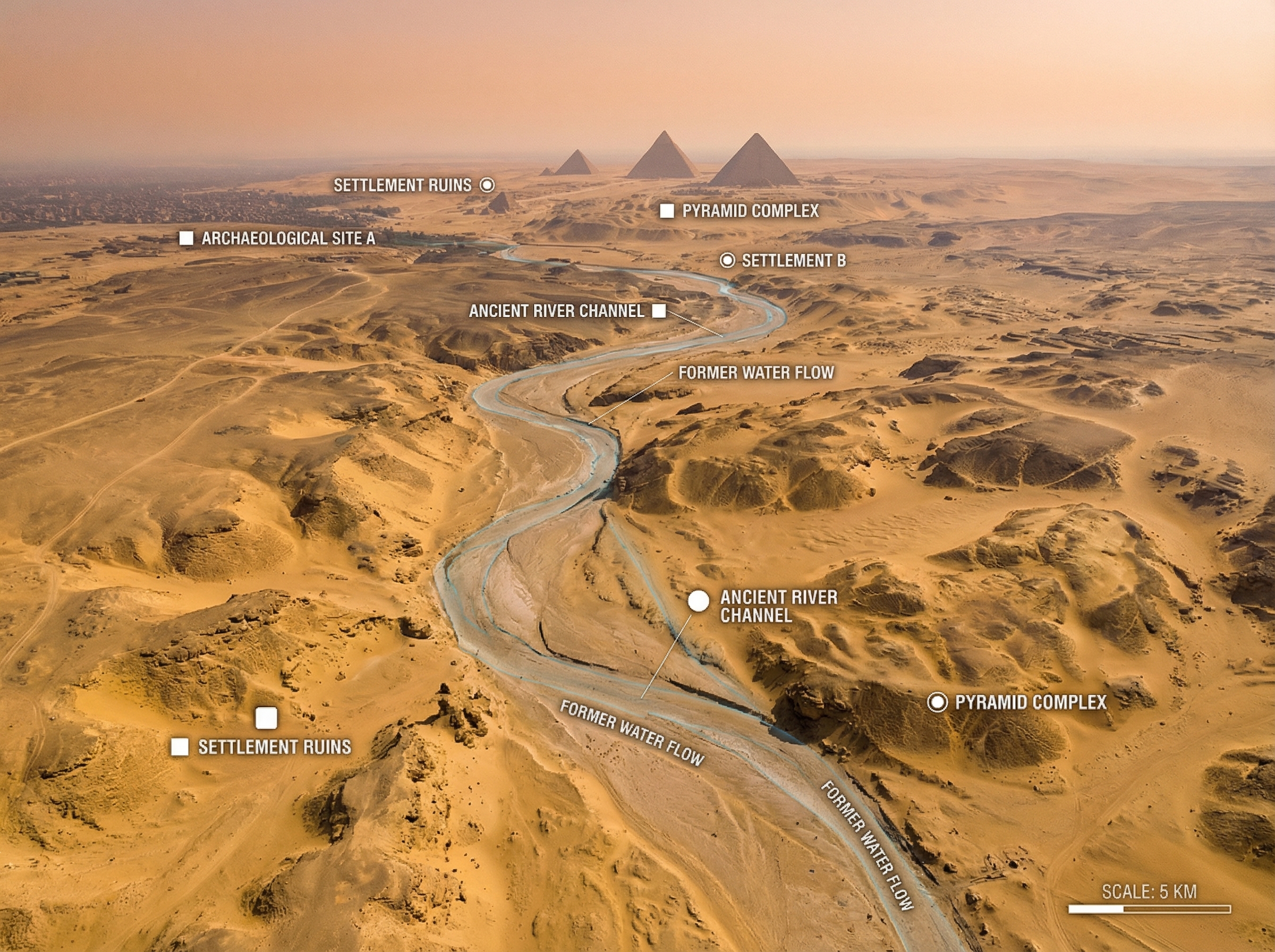 Satellite view of ancient dried riverbed snaking toward pyramid silhouettes