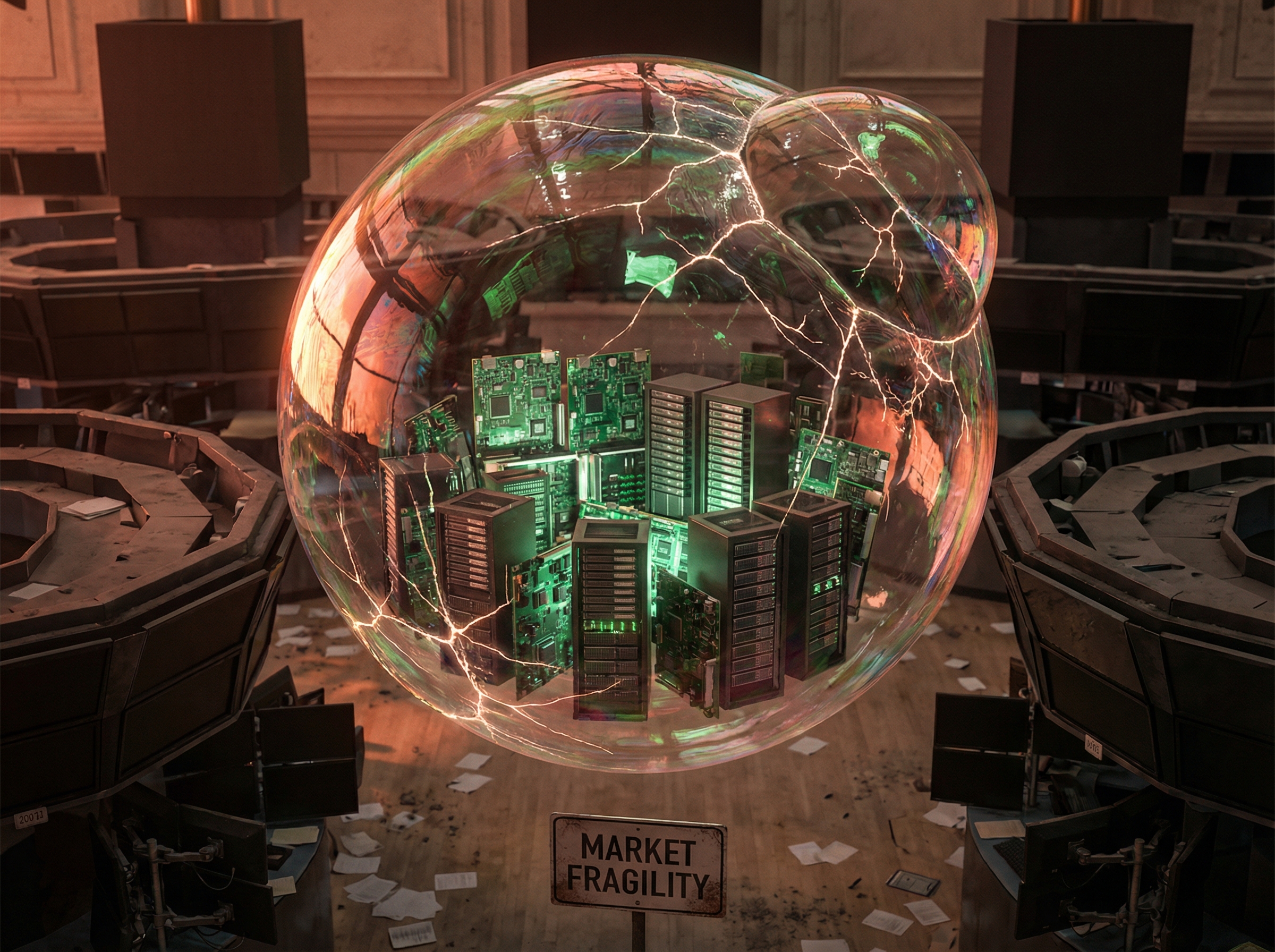 Giant soap bubble filled with server racks, showing stress fractures about to burst