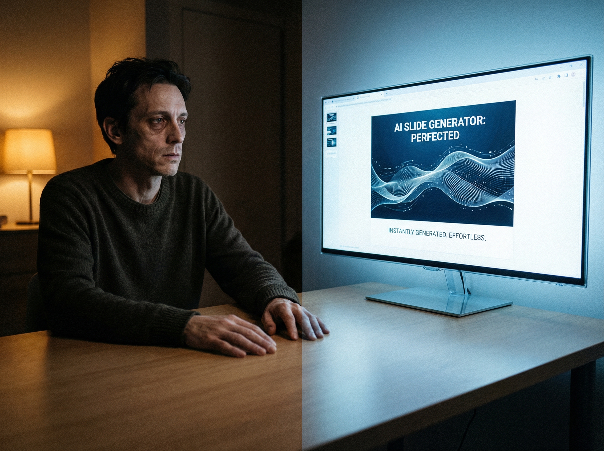 A polished AI interface generating perfect slides while the human operator sits disconnected, hands idle