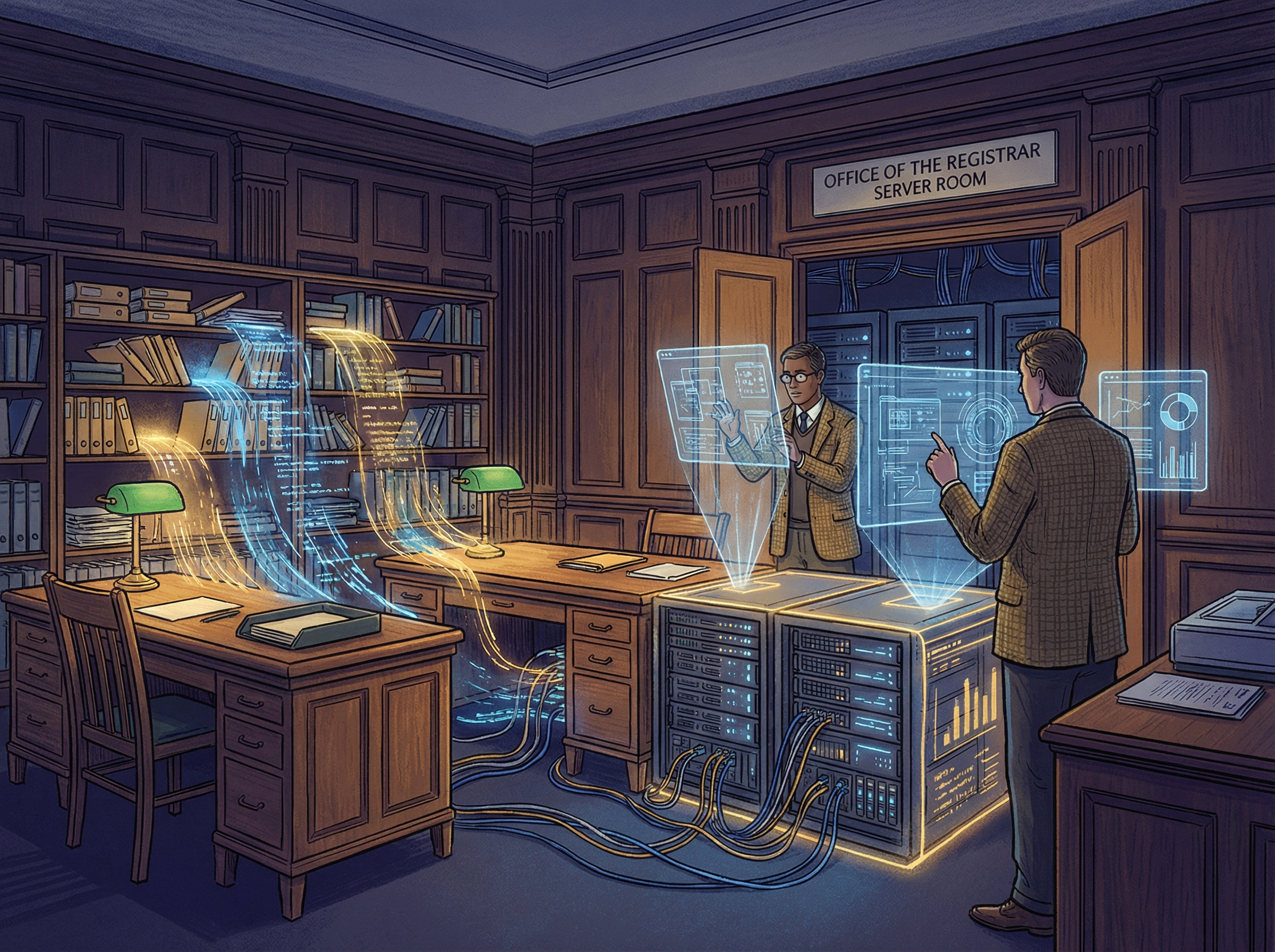 University registrar office transforming into server room, traditional desks morphing into server racks