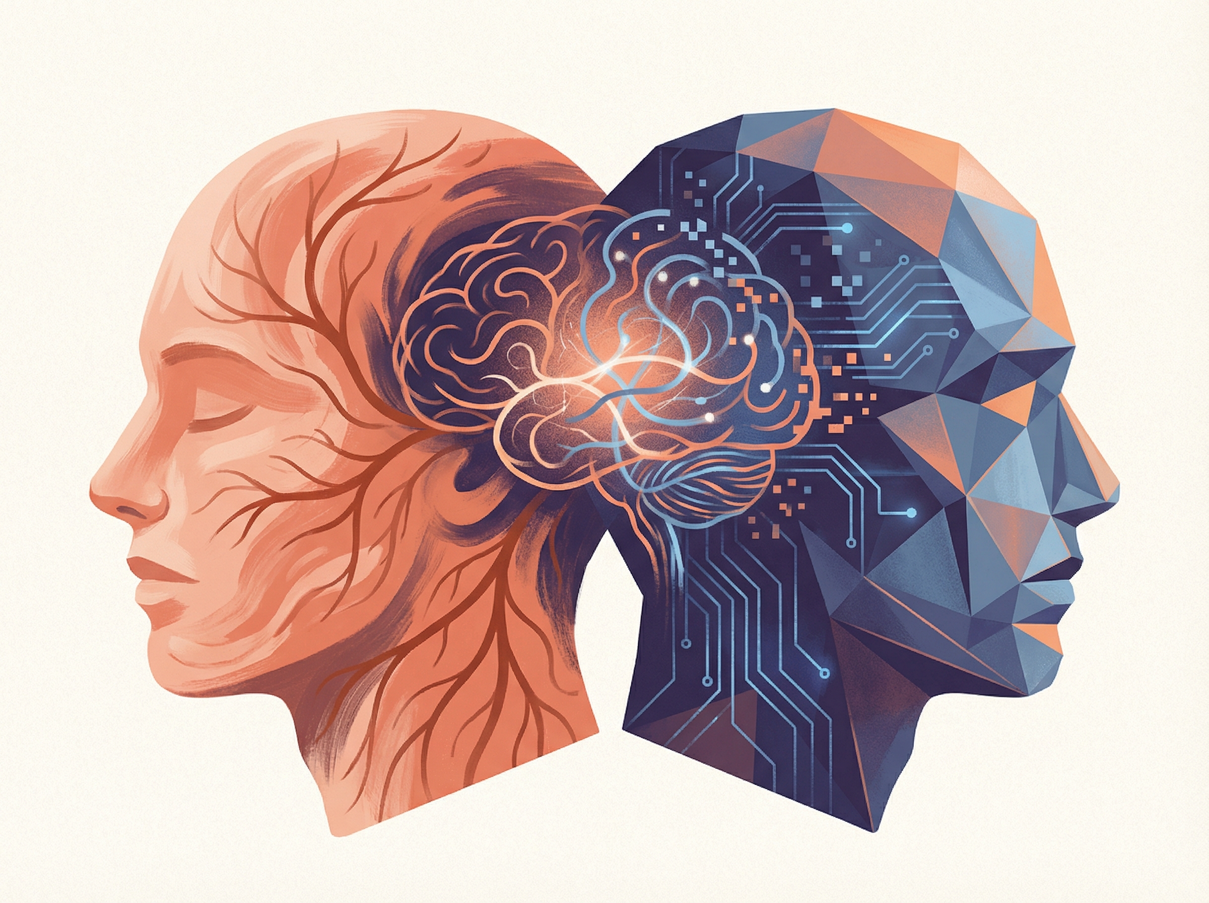 Two minds merging, one organic and one digital, representing the fusion of human intuition and AI literacy