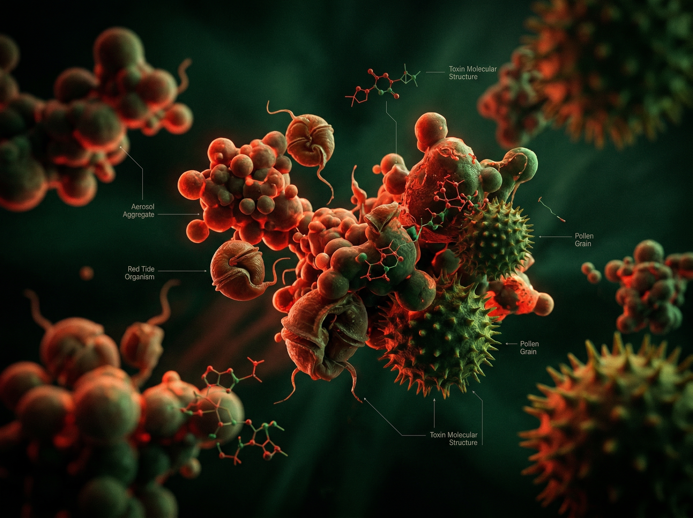 Microscopic view of toxic aerosol particles floating through air, some crossing a stylized blood-brain barrier membrane