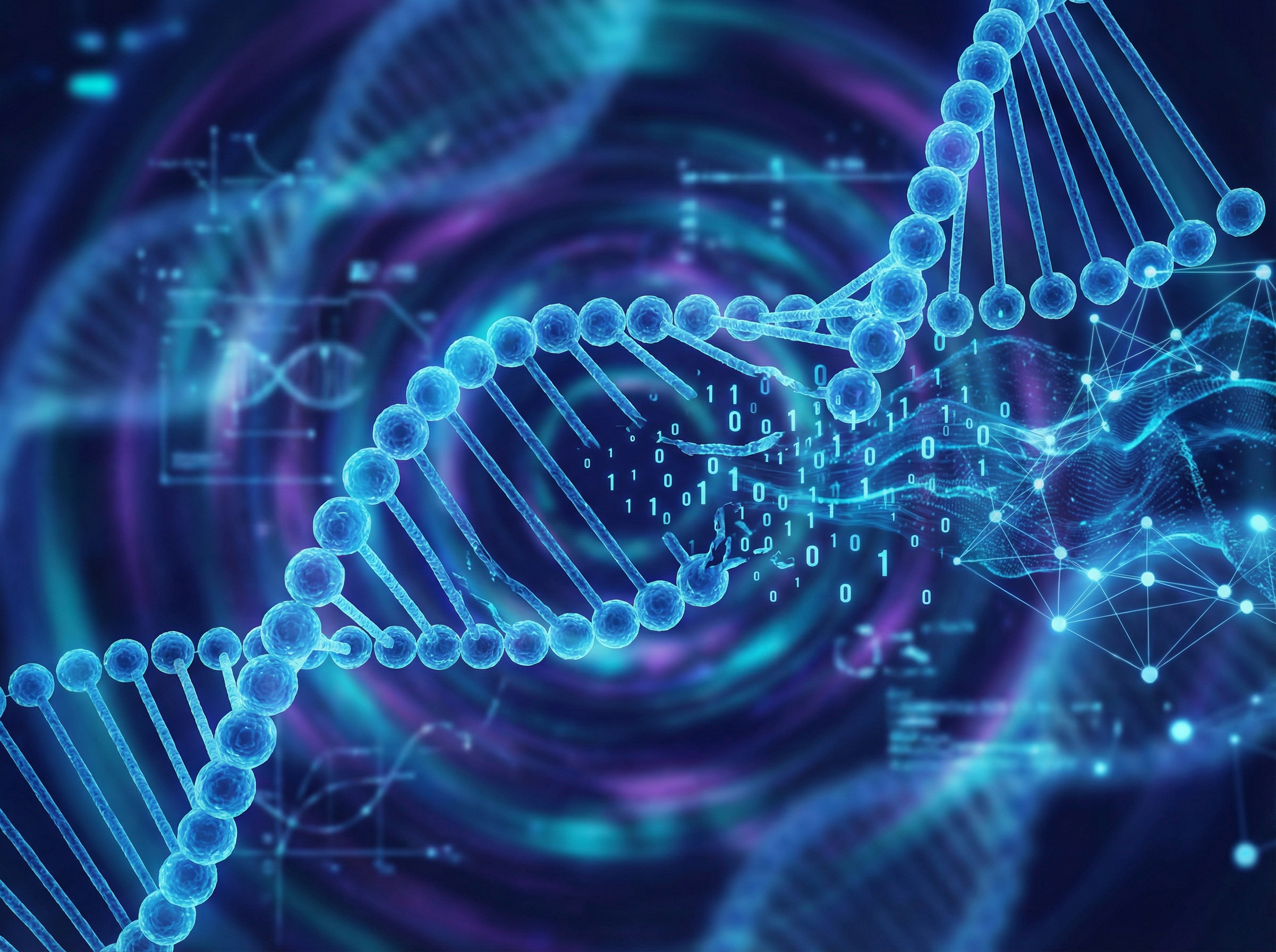 DNA double helix unraveling into streams of binary code and neural network patterns