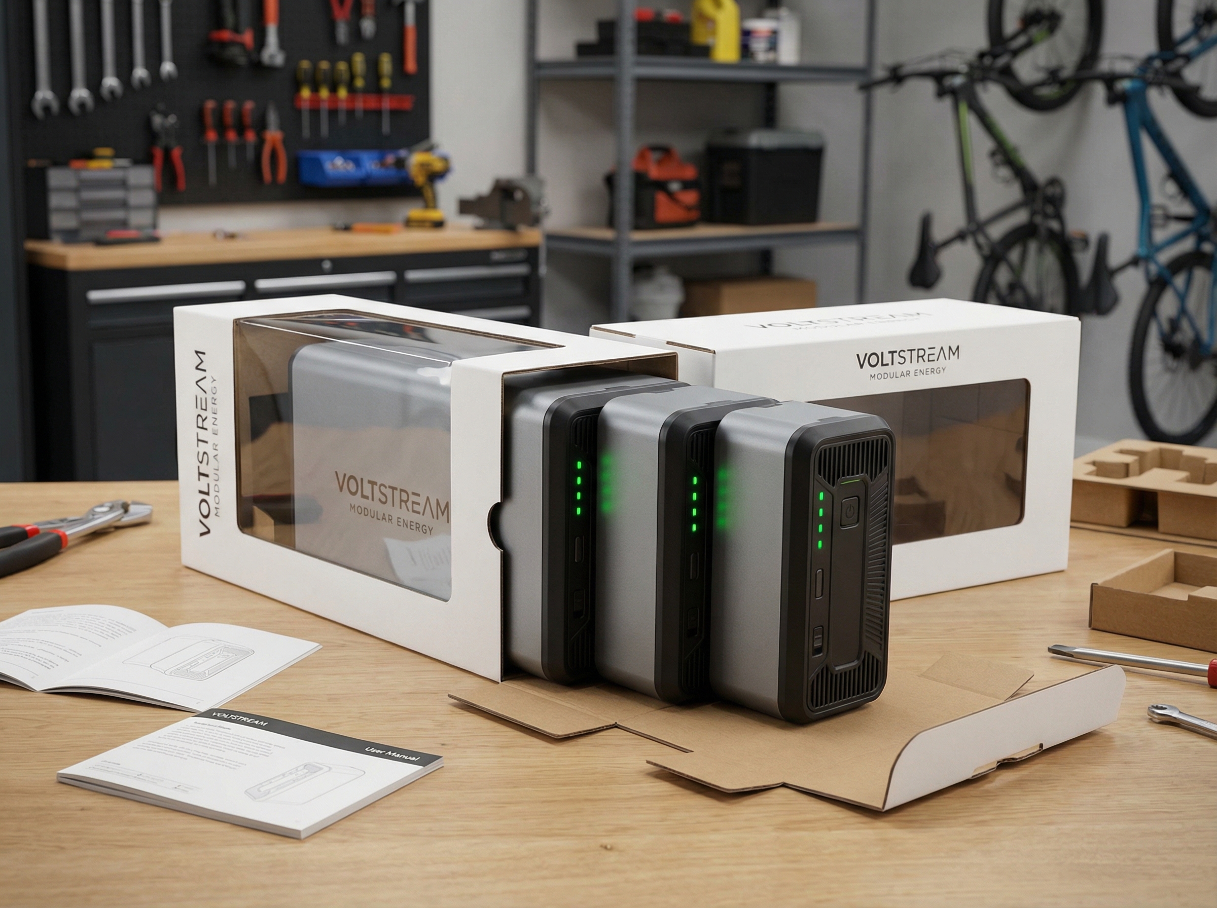 Modular battery system being unboxed with green LED indicators in garage setting