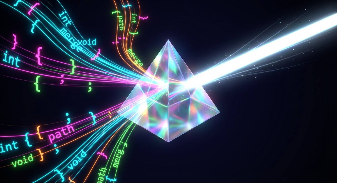 Abstract visualization of diverging code paths converging through a prism