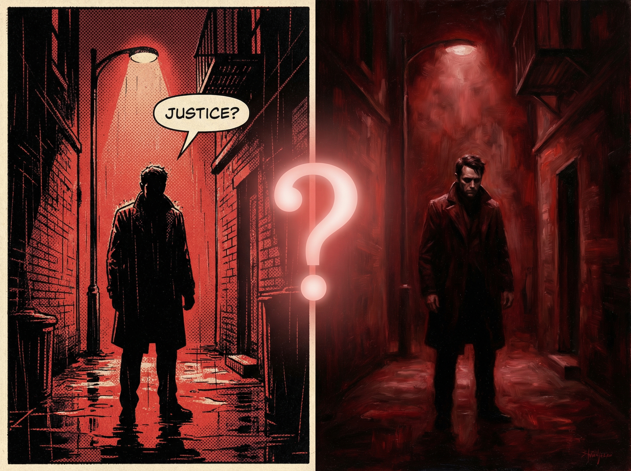 Split composition showing comic book panel on one side and fine art painting on the other, noir documentary lighting with ethical tension