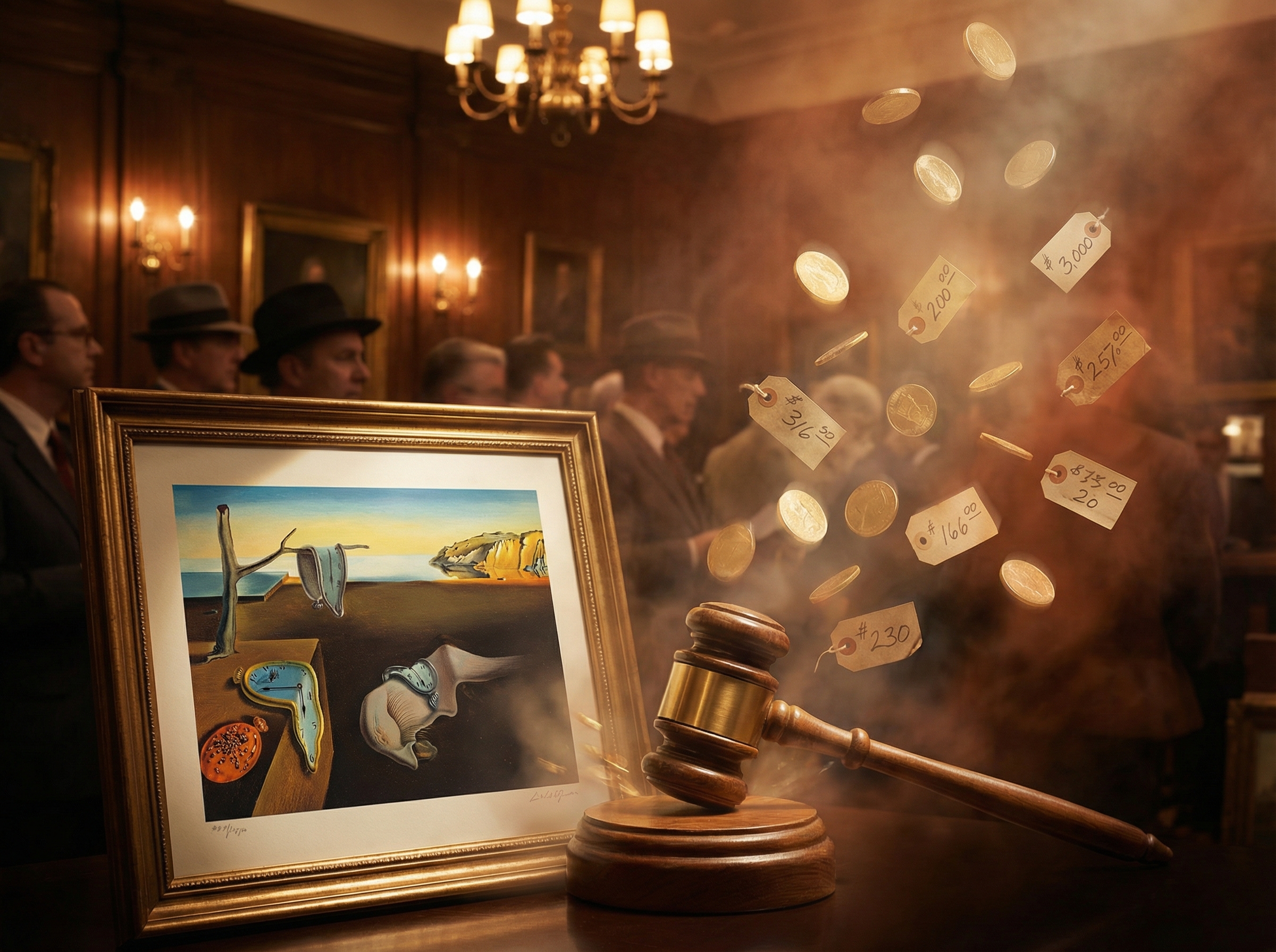 Auction gavel and surrealist lithograph