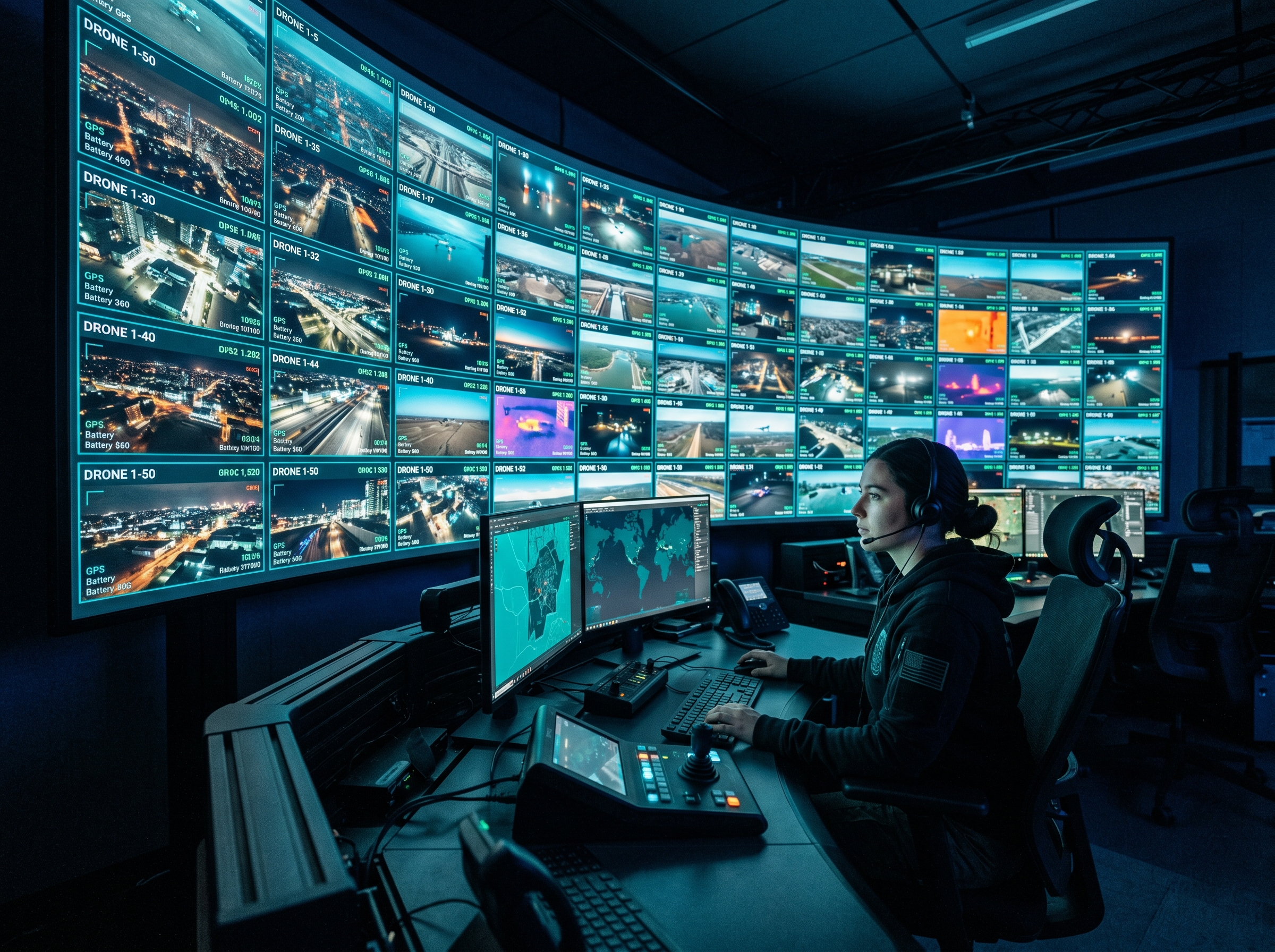 Single operator in a modern control room monitoring a curved wall of 50 drone feeds