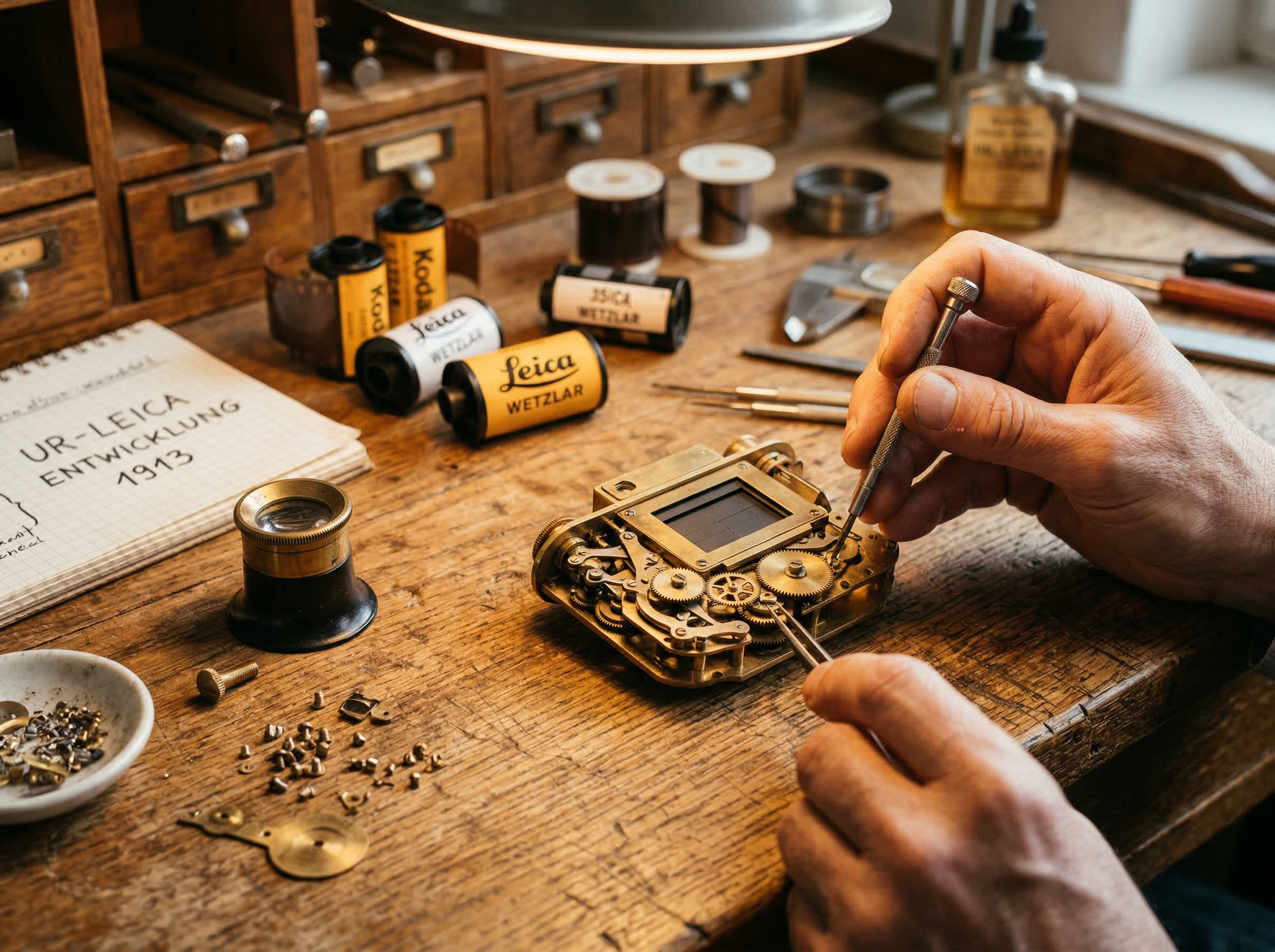 Precision brass mechanical parts and gears on a workbench evoking early 20th century optical craftsmanship