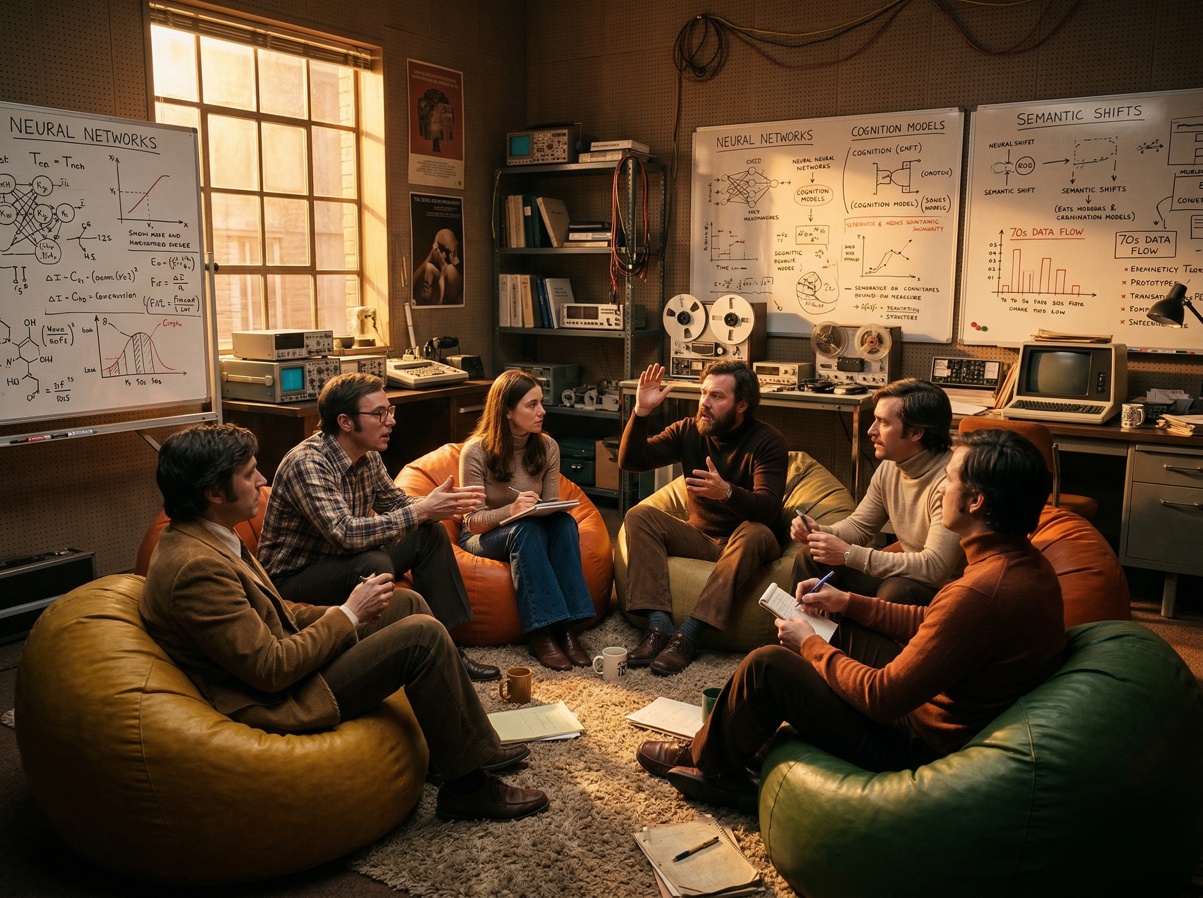 Researchers in beanbag chairs having an intense intellectual debate in a 1970s research lab