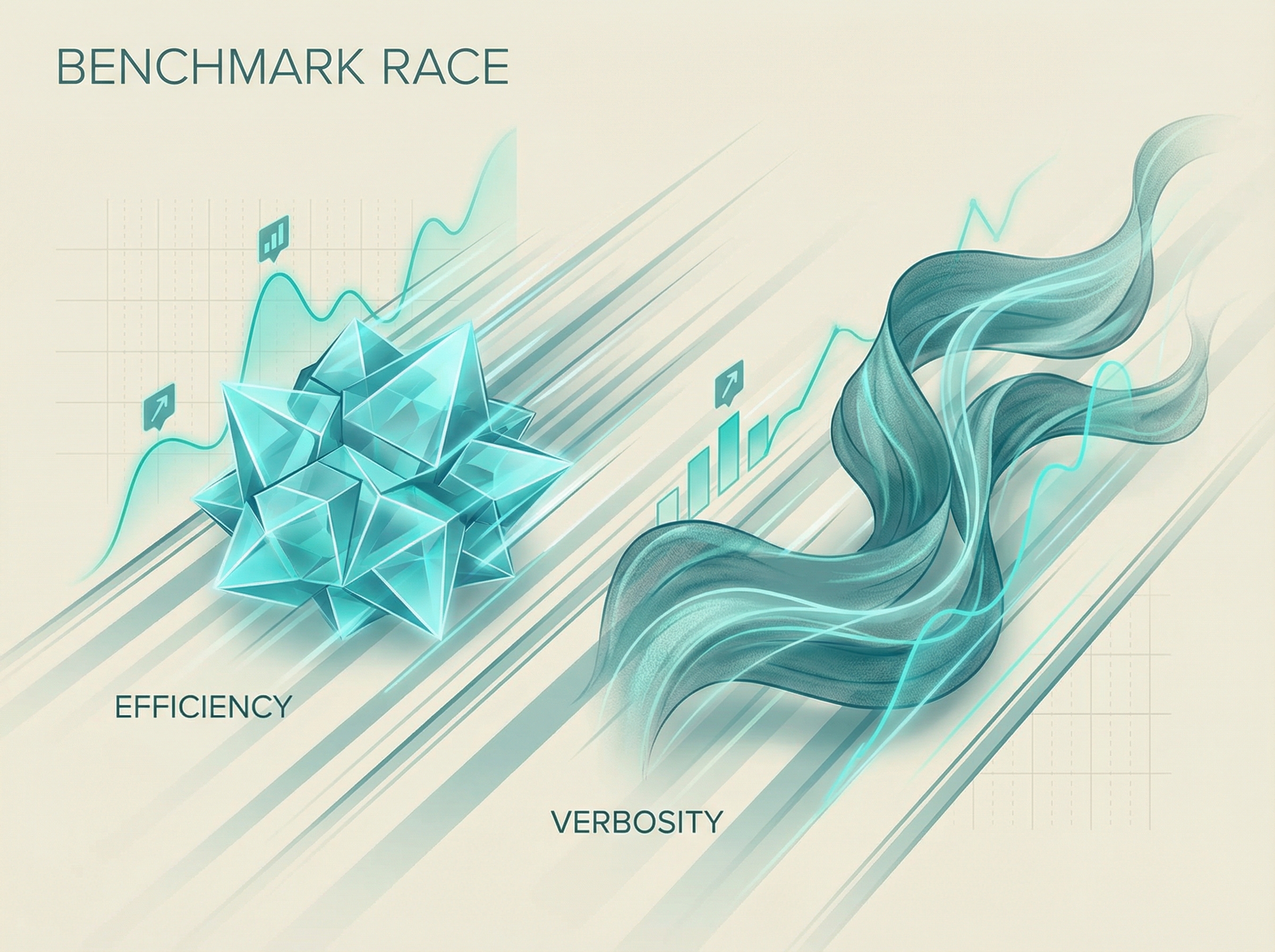 Two elegant abstract forms racing side by side, one compact and crystalline, one flowing and expansive