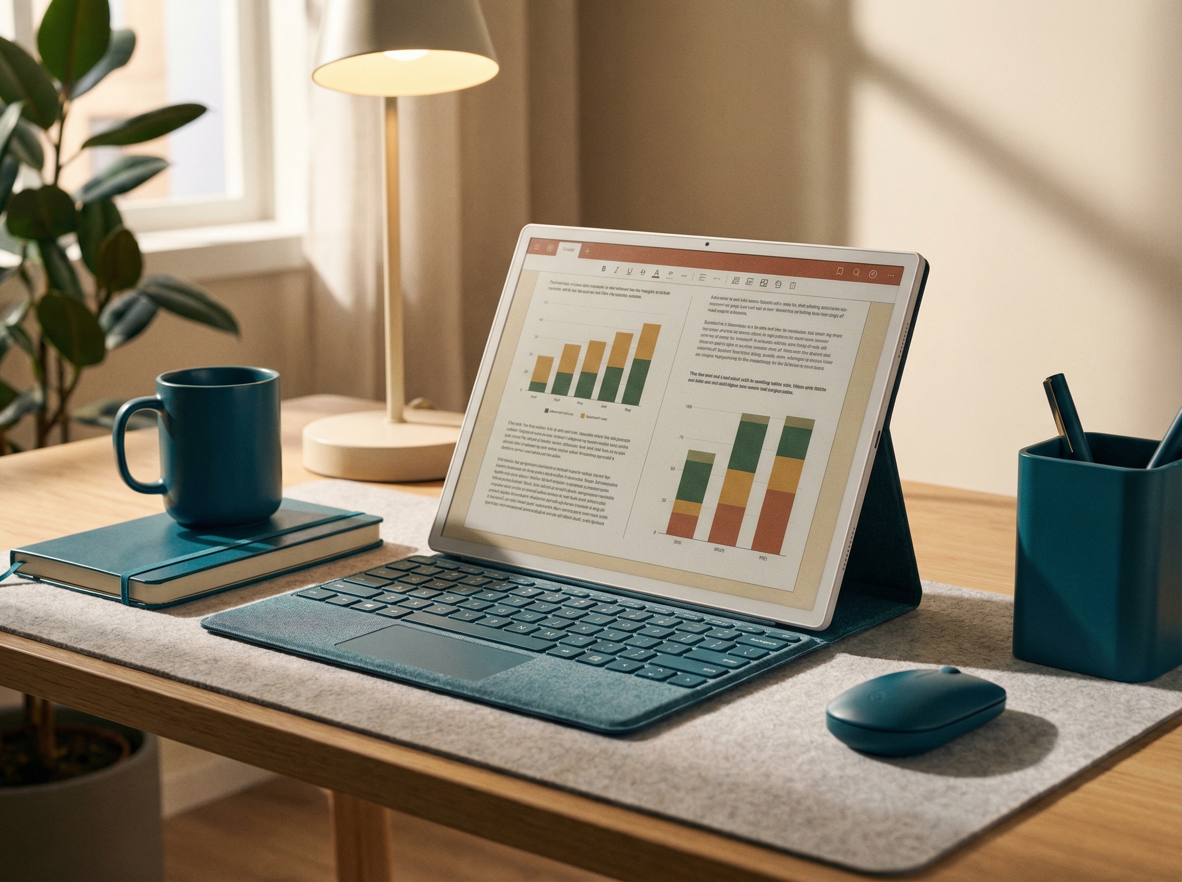 A large color e-ink tablet with a keyboard cover, positioned as a laptop replacement on a modern desk