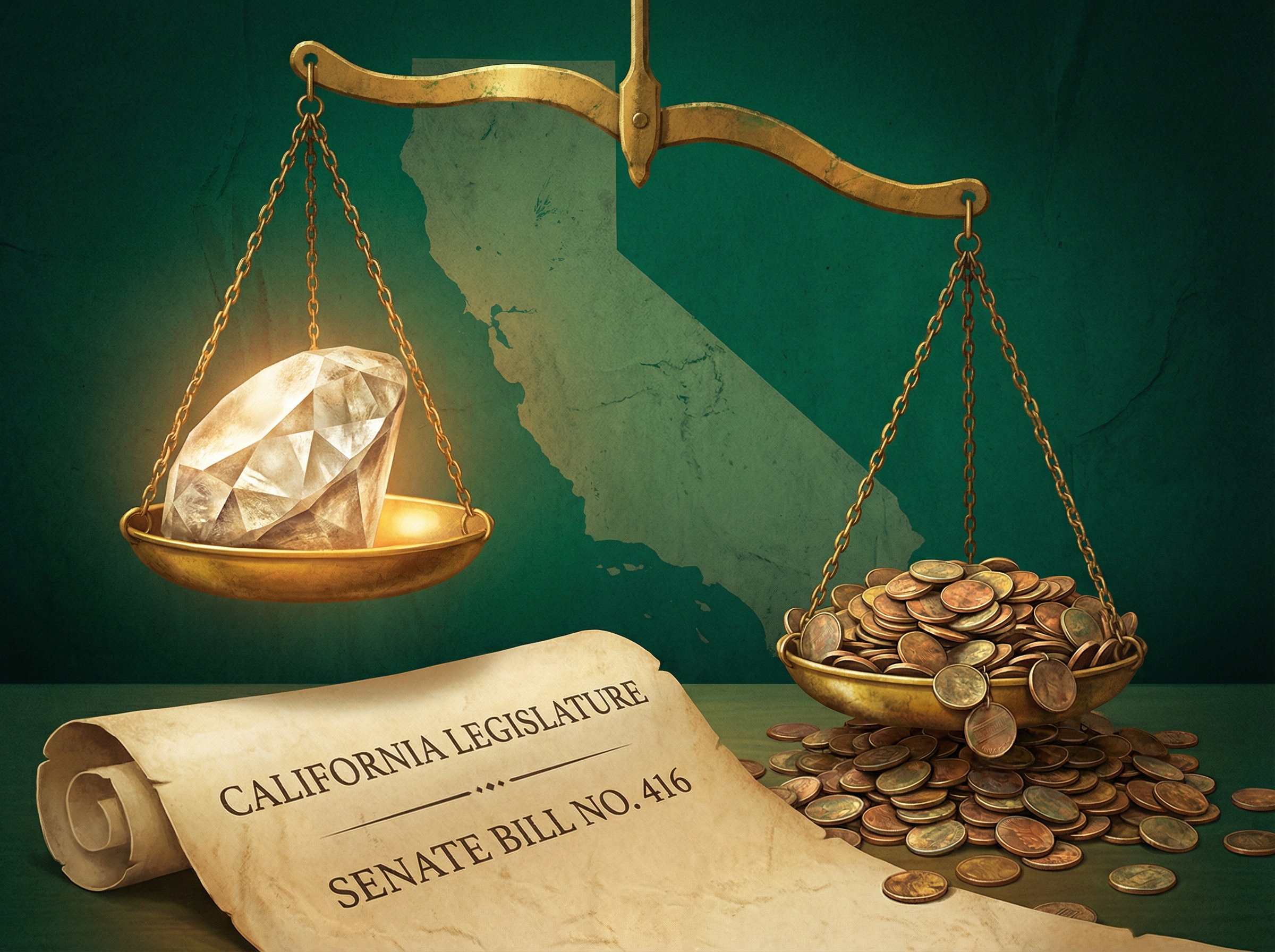 Golden scales of justice with a diamond on one side and overflowing coins on the other