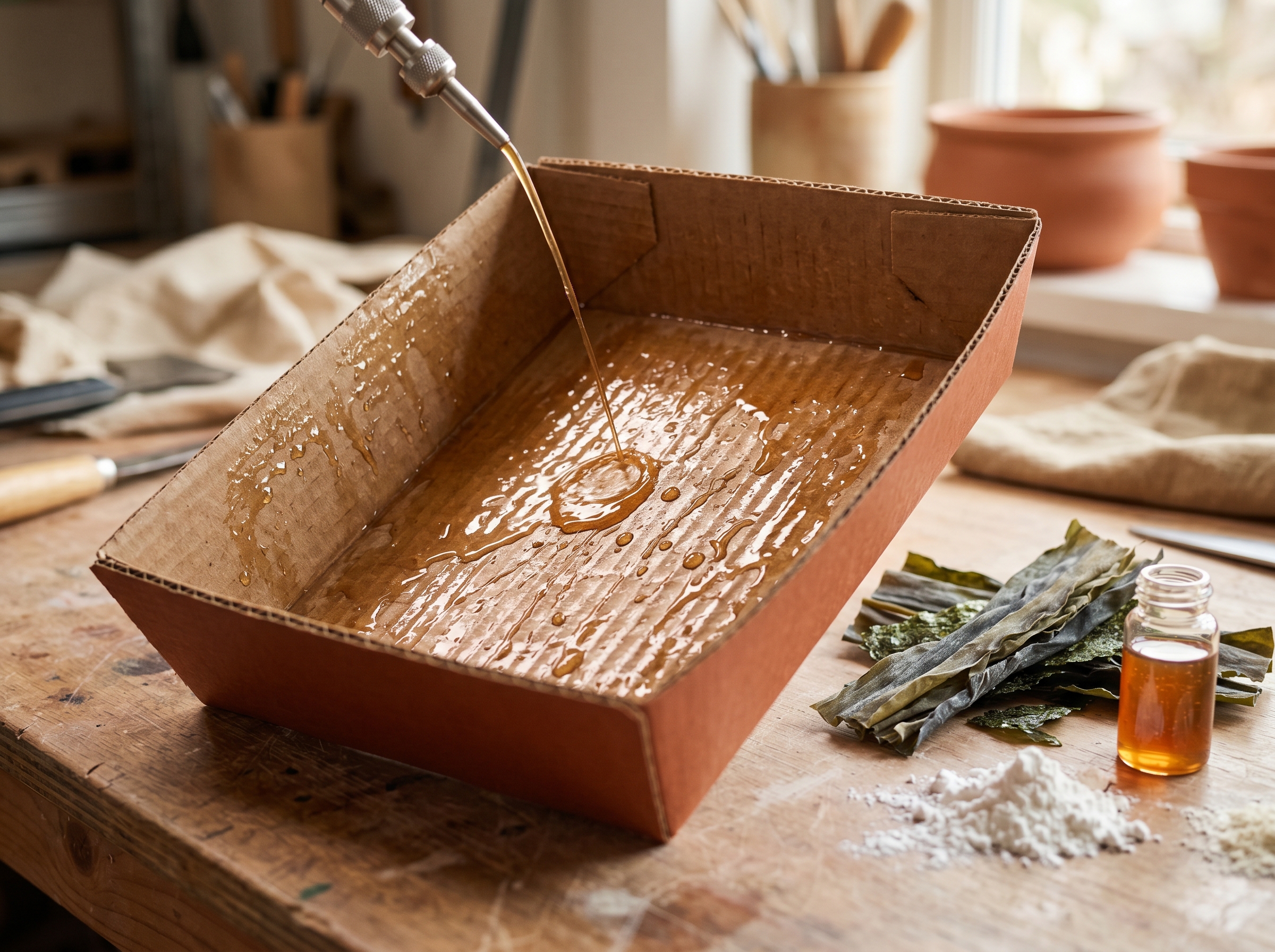 Corrugated food container with bio-based coating, with seaweed and starch ingredients nearby