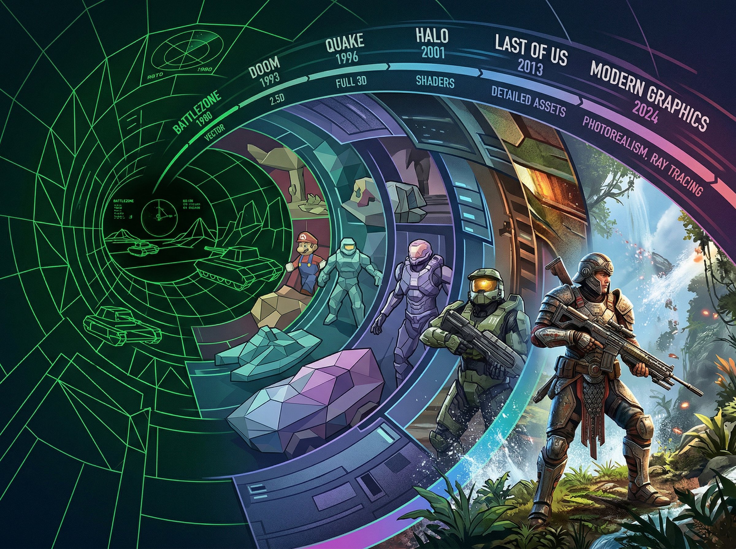 Visual tunnel showing evolution from green wireframe polygons to modern photorealistic game graphics, representing the FPS lineage from Battlezone