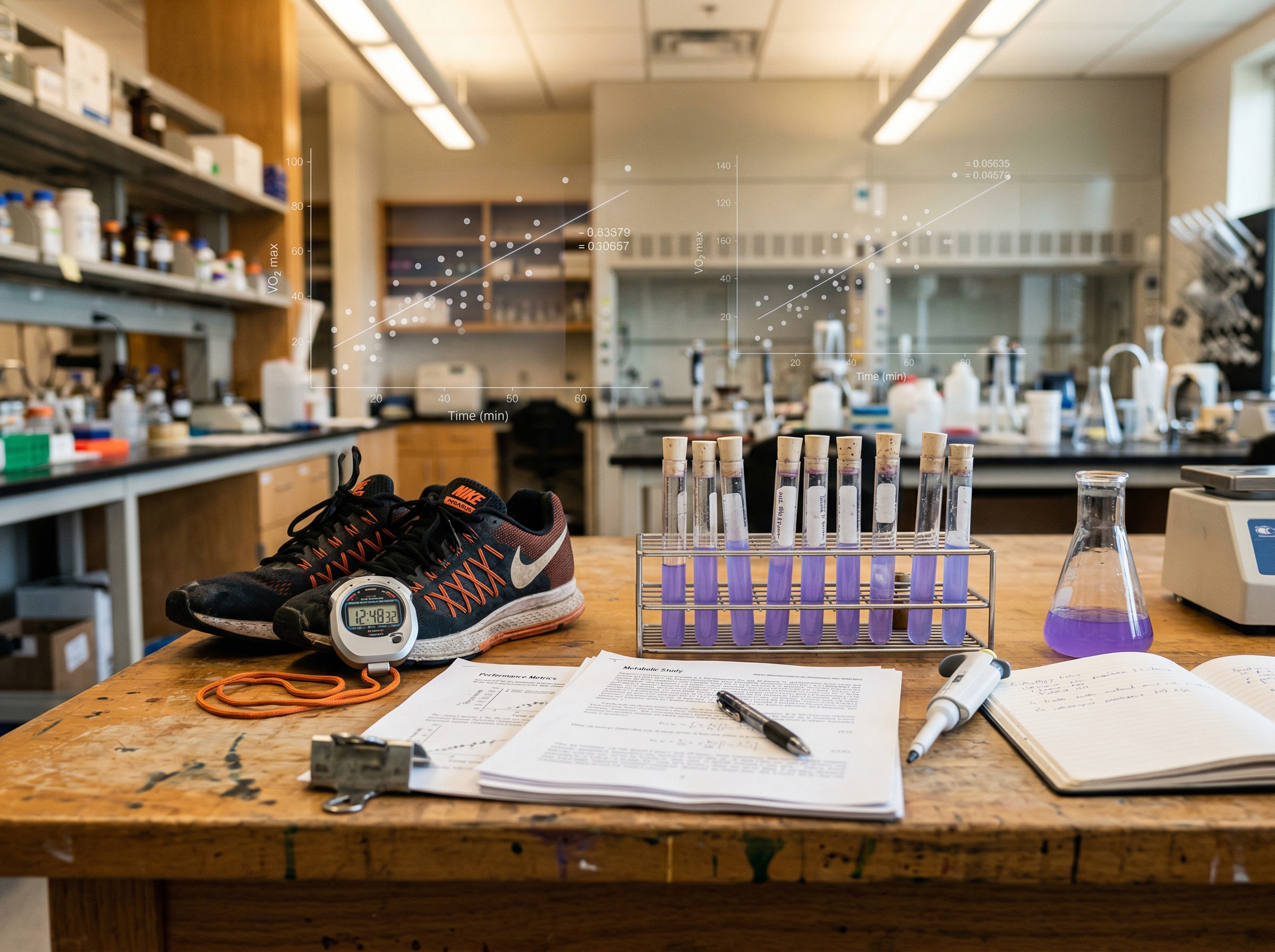Scientific laboratory with athletic equipment and floating data overlays — representing the intersection of sports science and policy