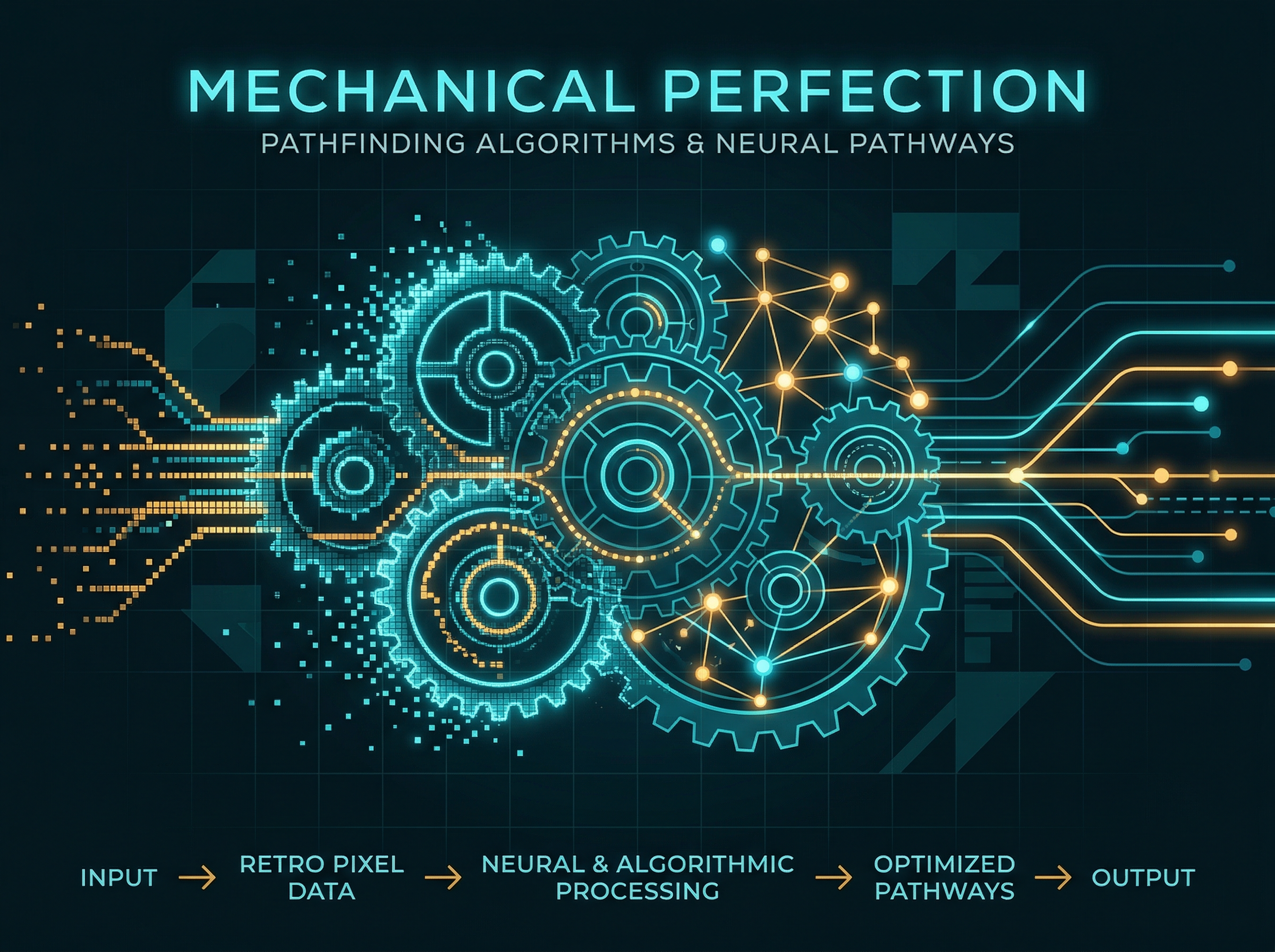 Abstract visualization of mechanical perfection with interlocking gears and pathfinding algorithms as glowing neural pathways